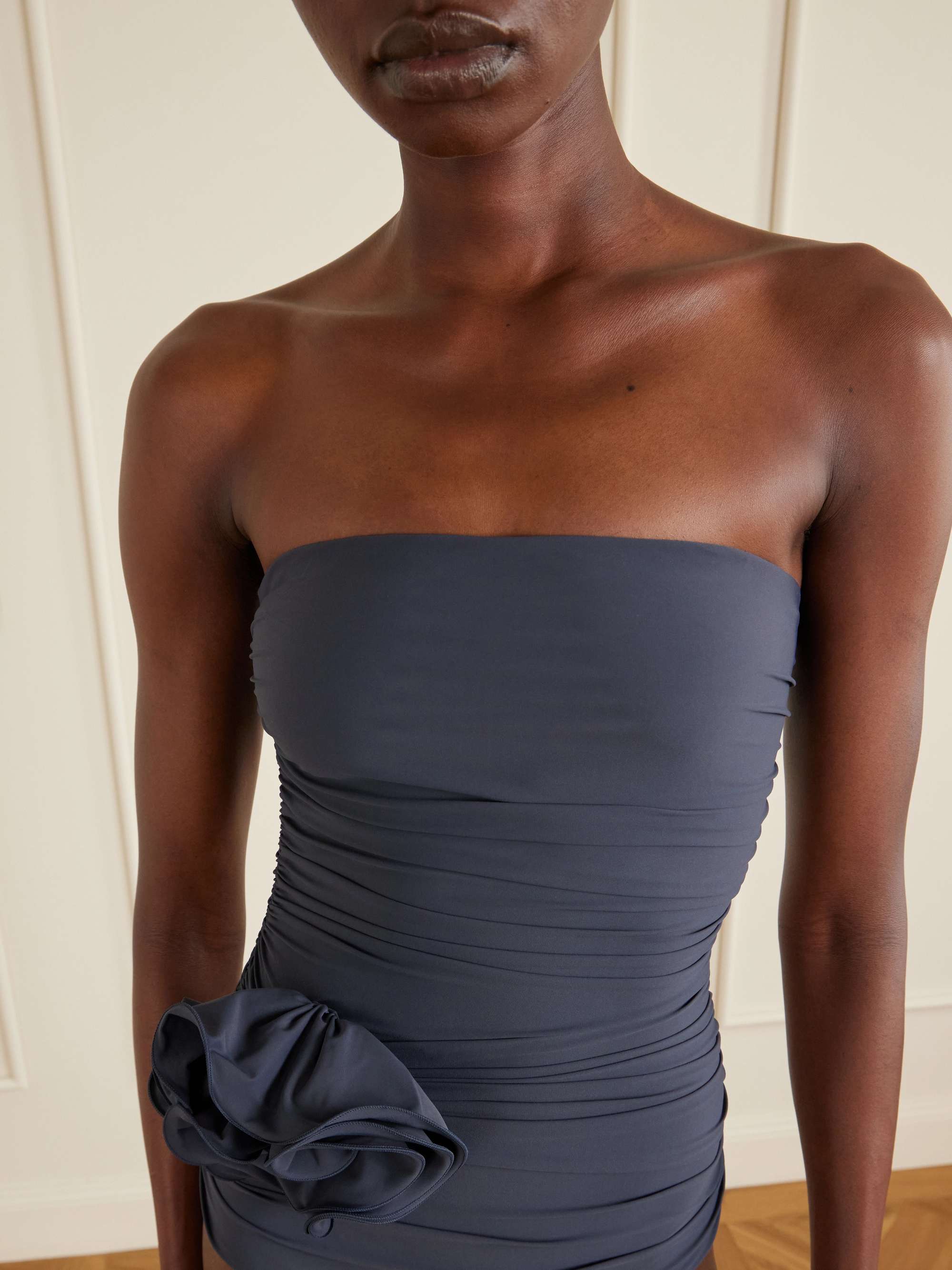 MAGDA BUTRYM Strapless appliquéd gathered swimsuit | NET-A-PORTER