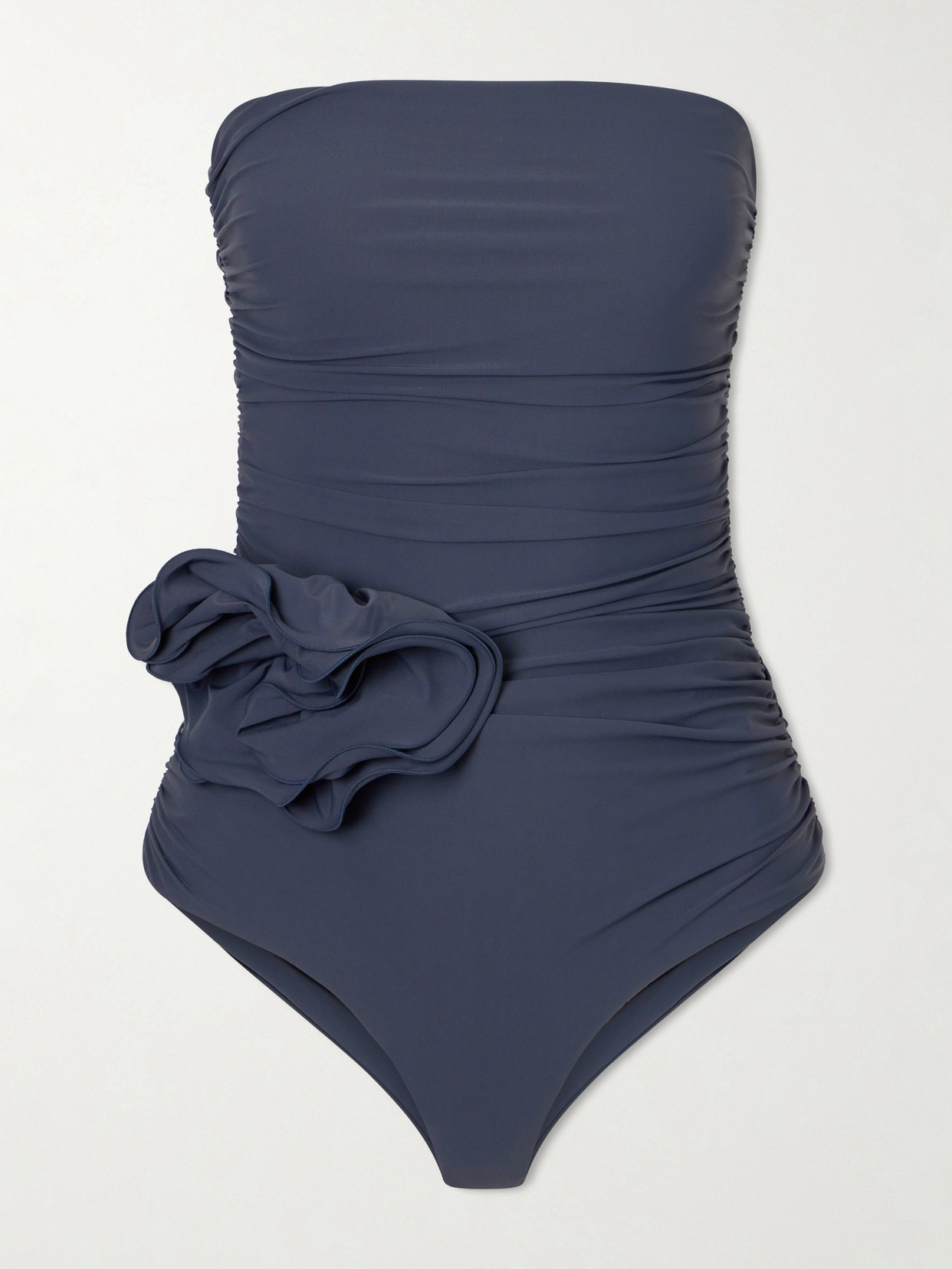 Magda Butrym Strapless Appliquéd Gathered Swimsuit In Blue