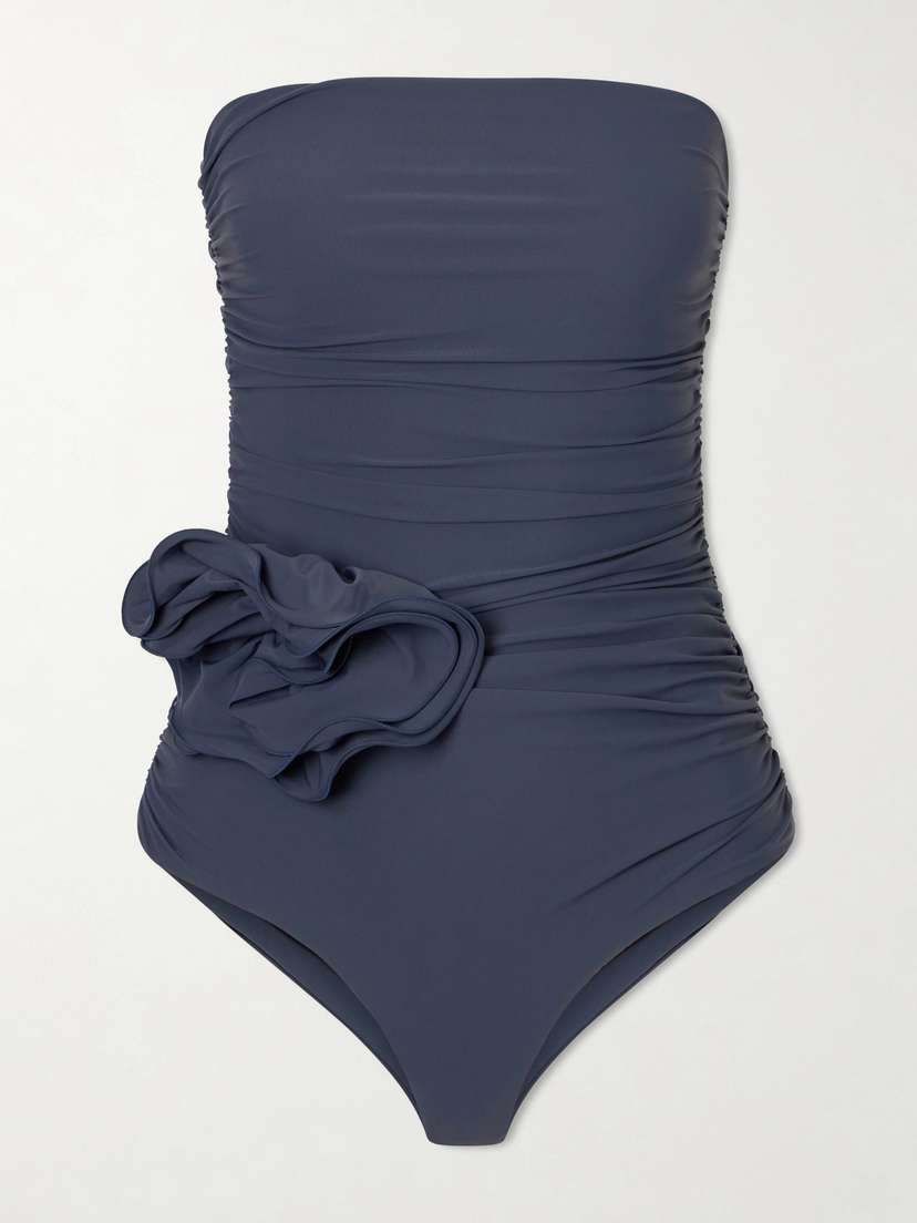 Magda Butrym Strapless Appliquéd Gathered Swimsuit