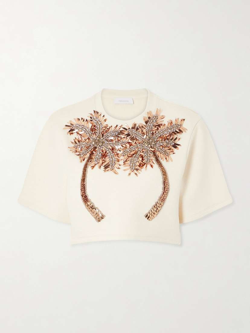 Rabanne Cropped Crystal-embellished Embroidered Jersey T-shirt