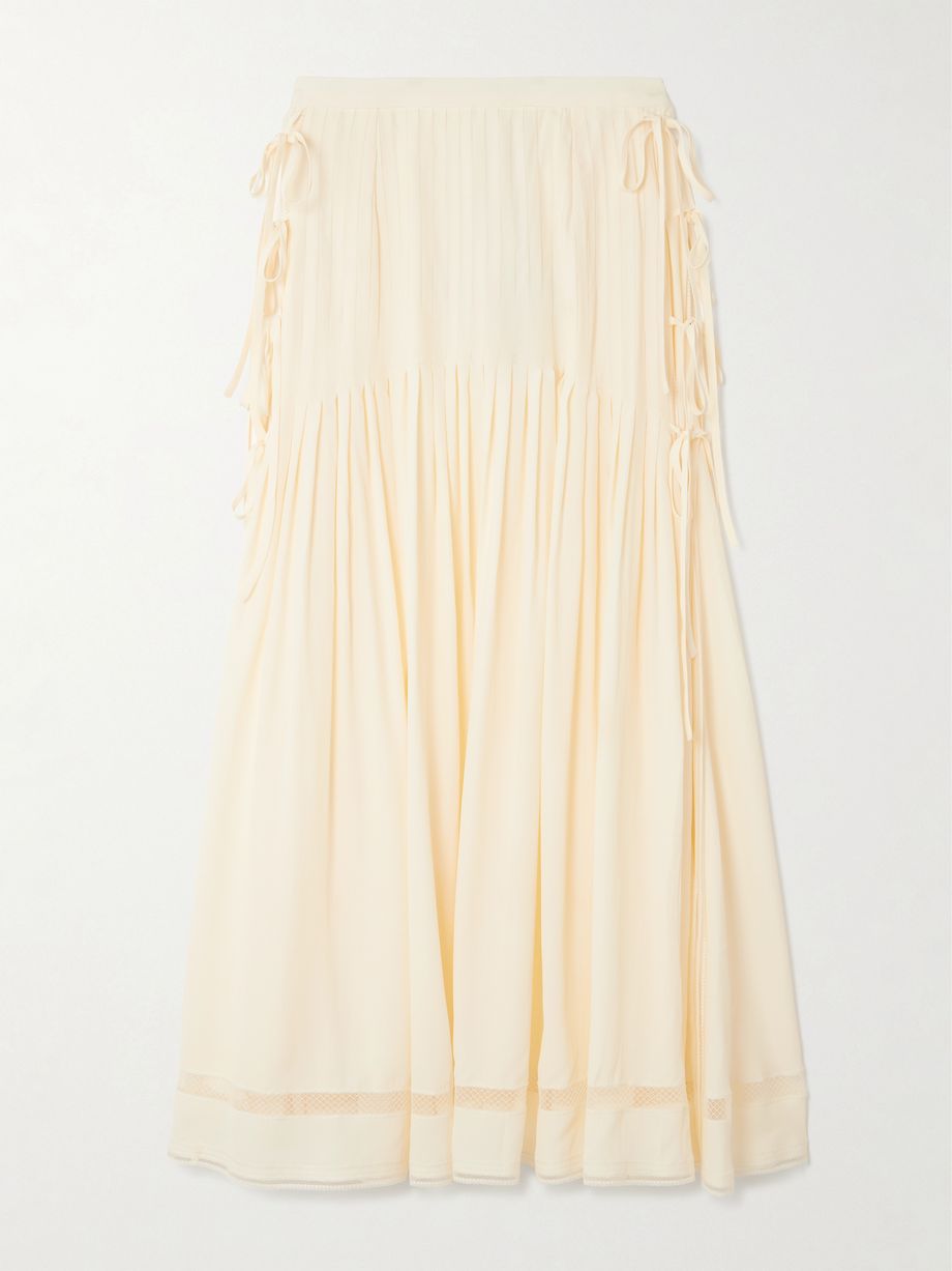 Tie-detailed pleated crepe midi skirt