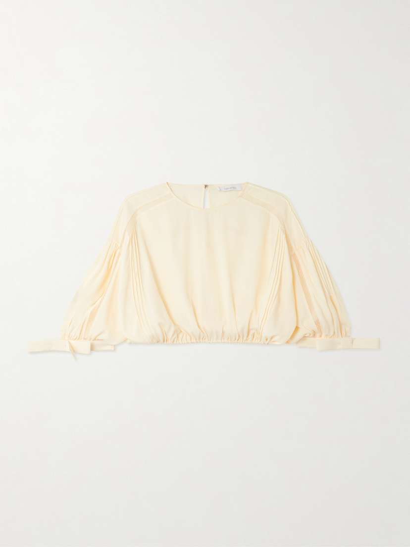 Rabanne Cropped Bow-detailed Lace-trimmed Pleated Crepe Top