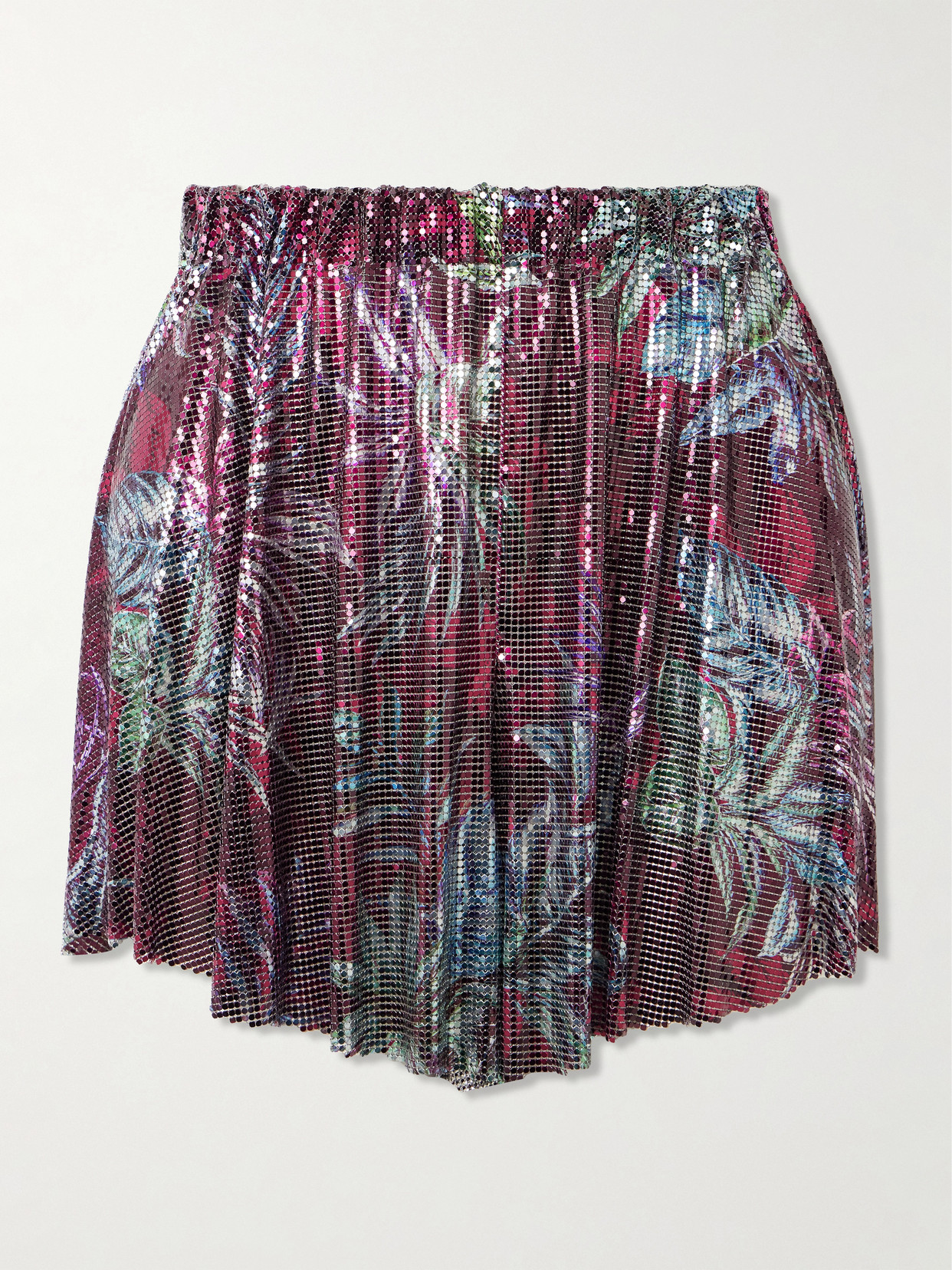 Rabanne Printed Pleated Chainmail Shorts In Purple