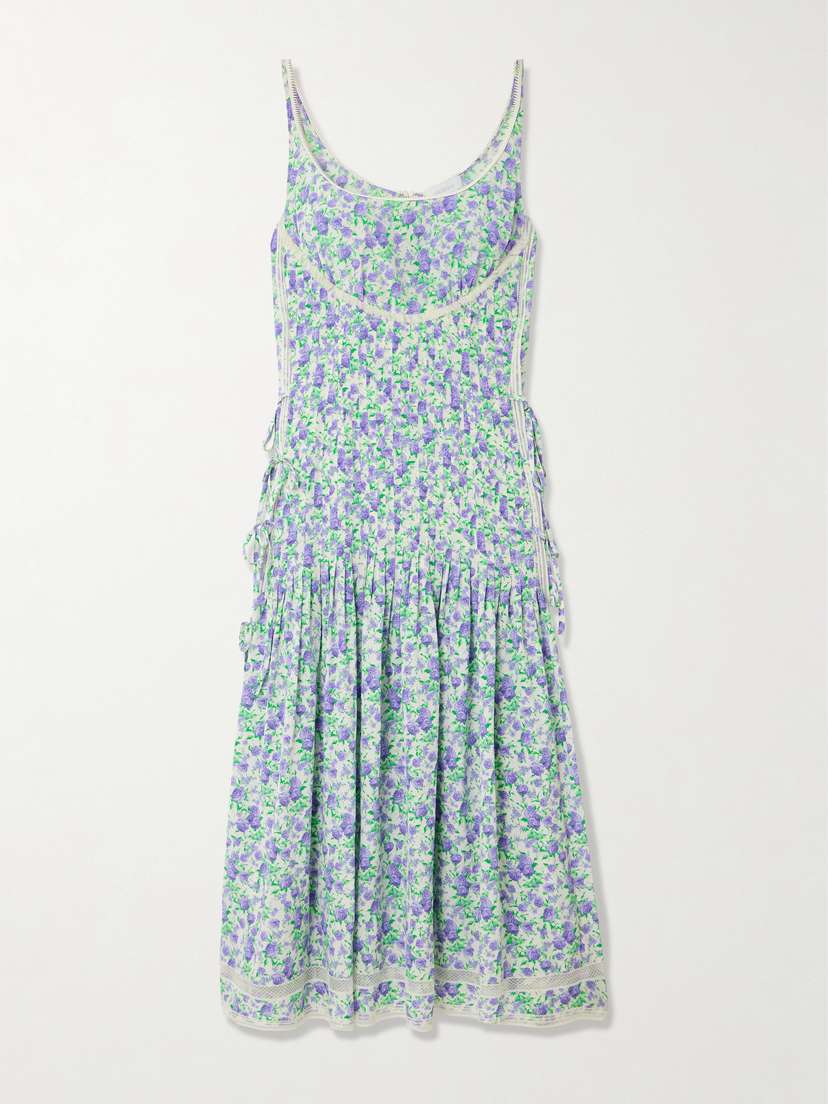 Rabanne Tie-detailed Lace-trimmed Pleated Floral-print Silk Midi Dress