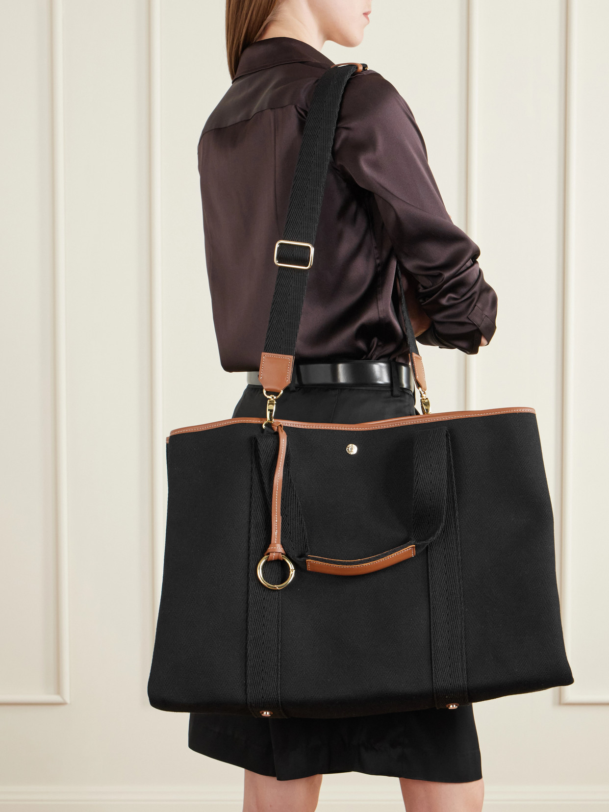 Traversée Large Leather-Trimmed Herringbone Canvas Tote