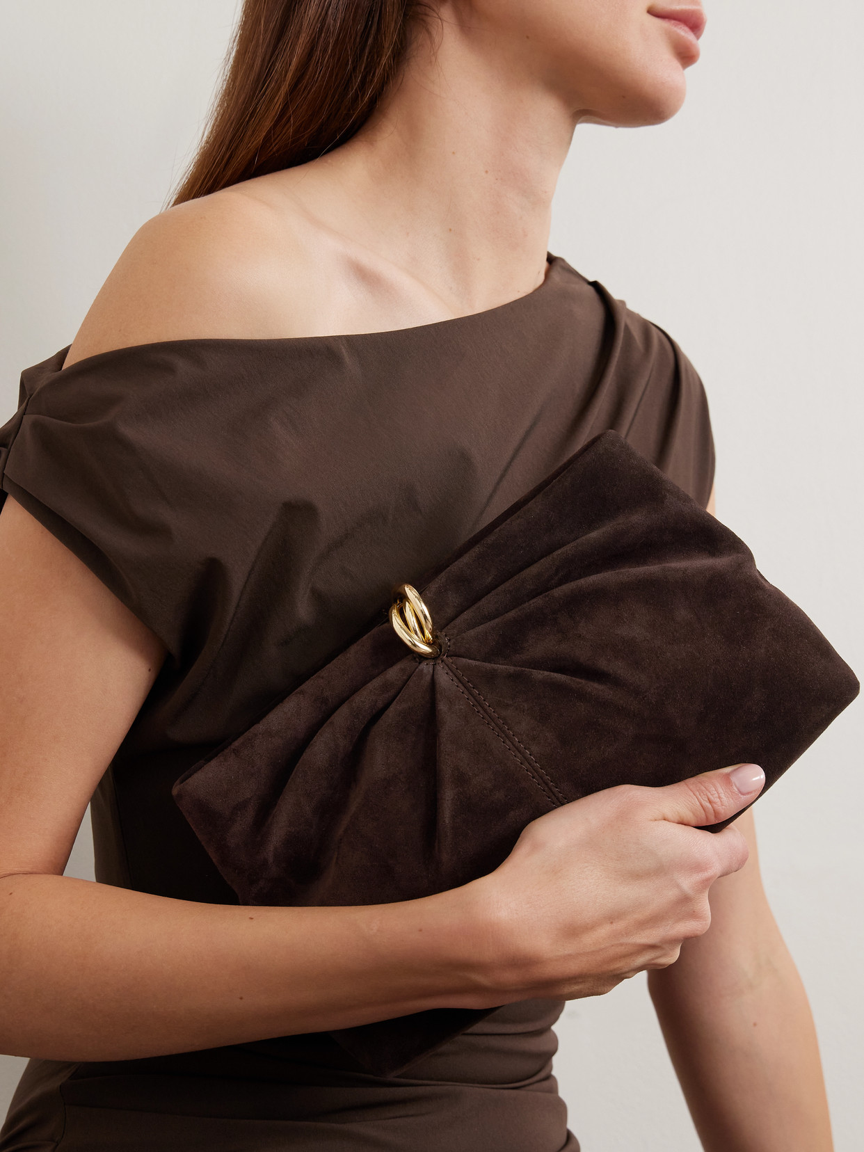 Loeffler Randall Corrine Gathered Suede Clutch In Brown
