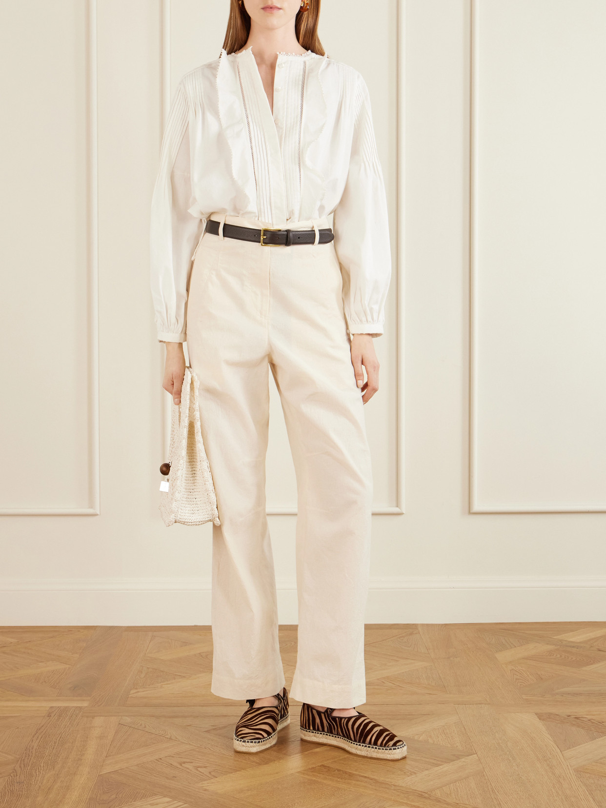 Leather-Trimmed Flocked Ballet Flats