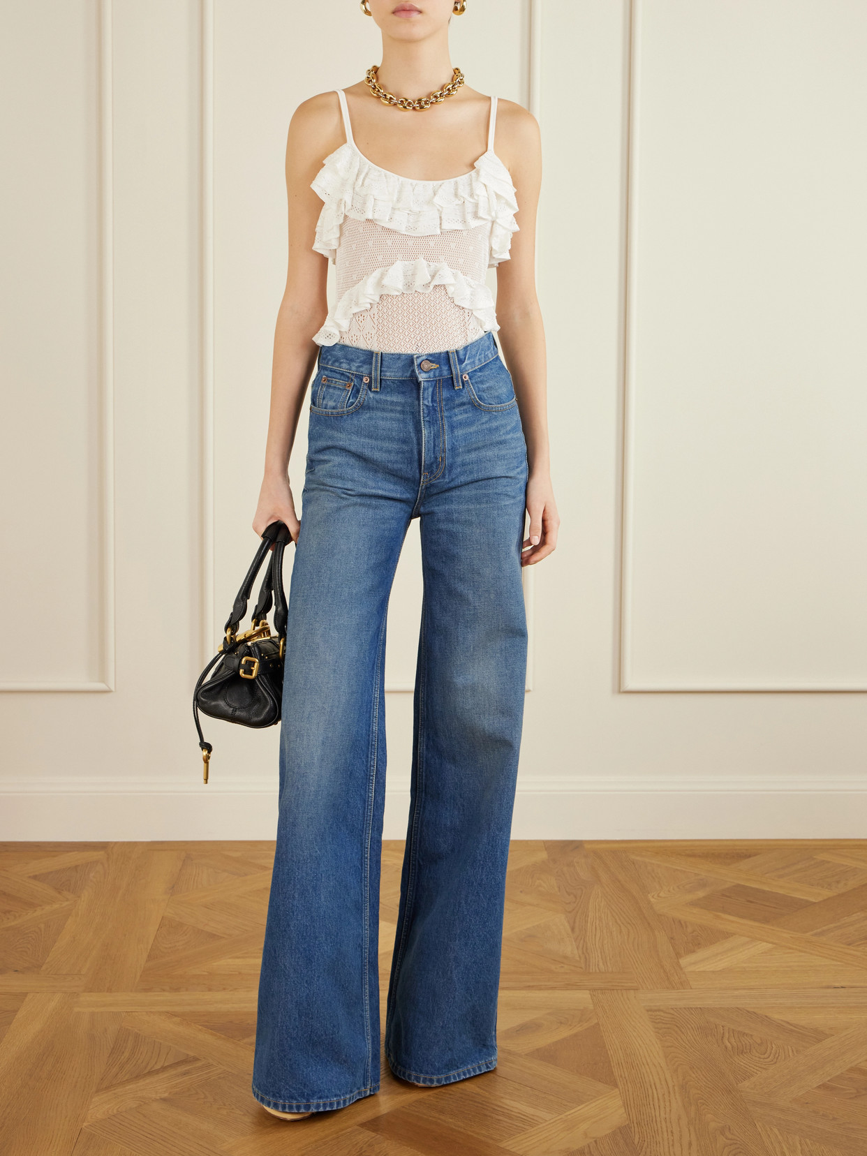 Ulla Johnson Bania Ruffle Trim Crochet Bodysuit In White