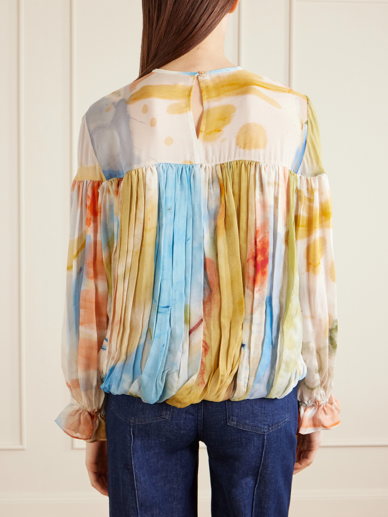 Pearl Pleated Printed Silk-Chiffon Blouse