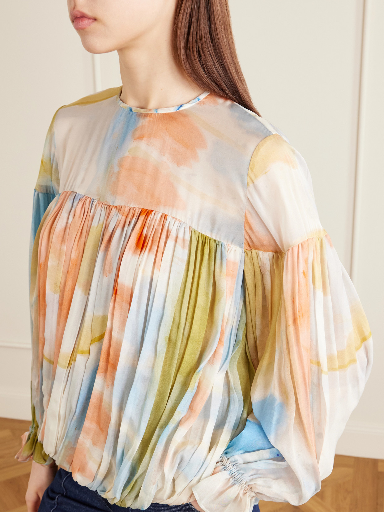 Pearl Pleated Printed Silk-Chiffon Blouse