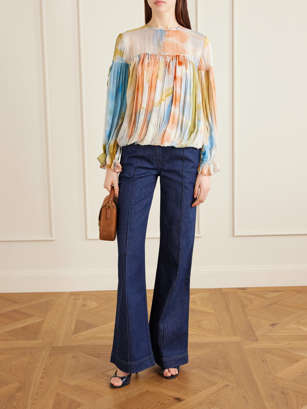 Pearl Pleated Printed Silk-Chiffon Blouse