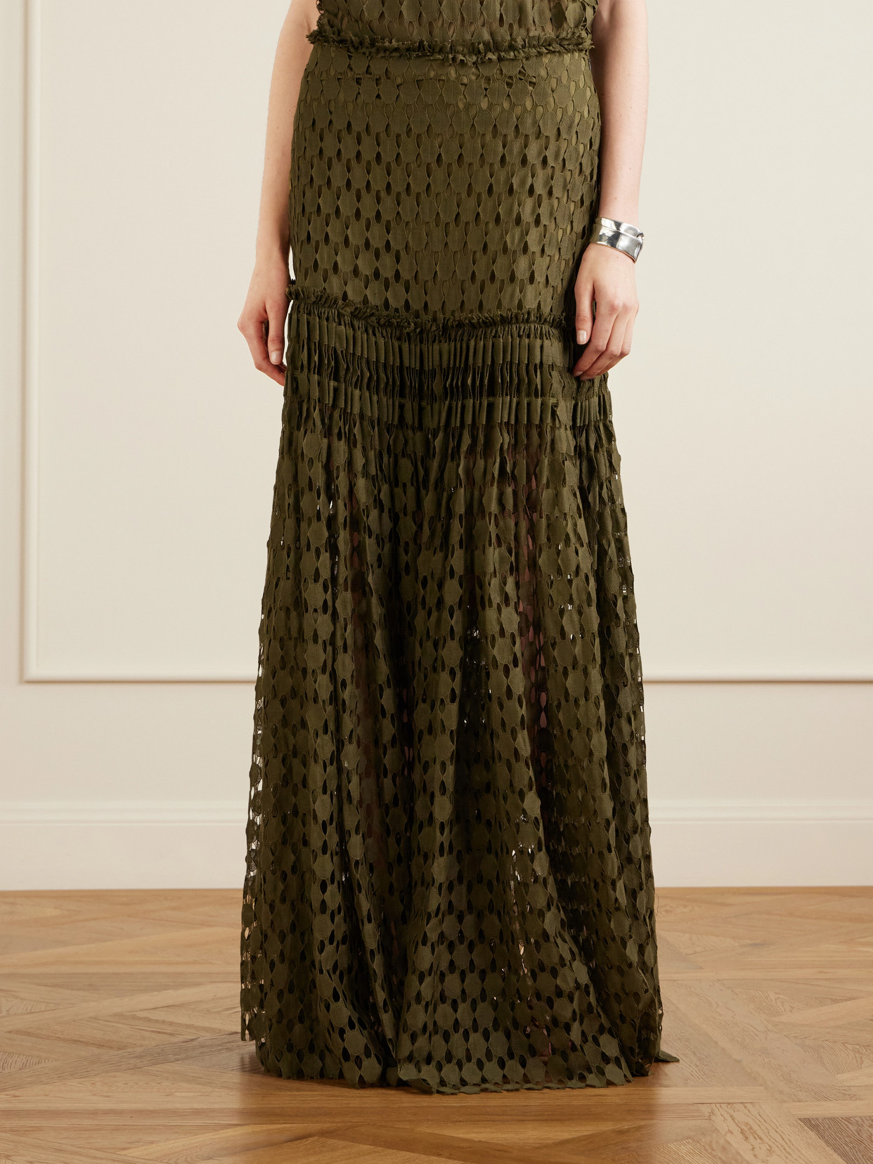 Aris Pleated Cotton-Blend Lace Maxi