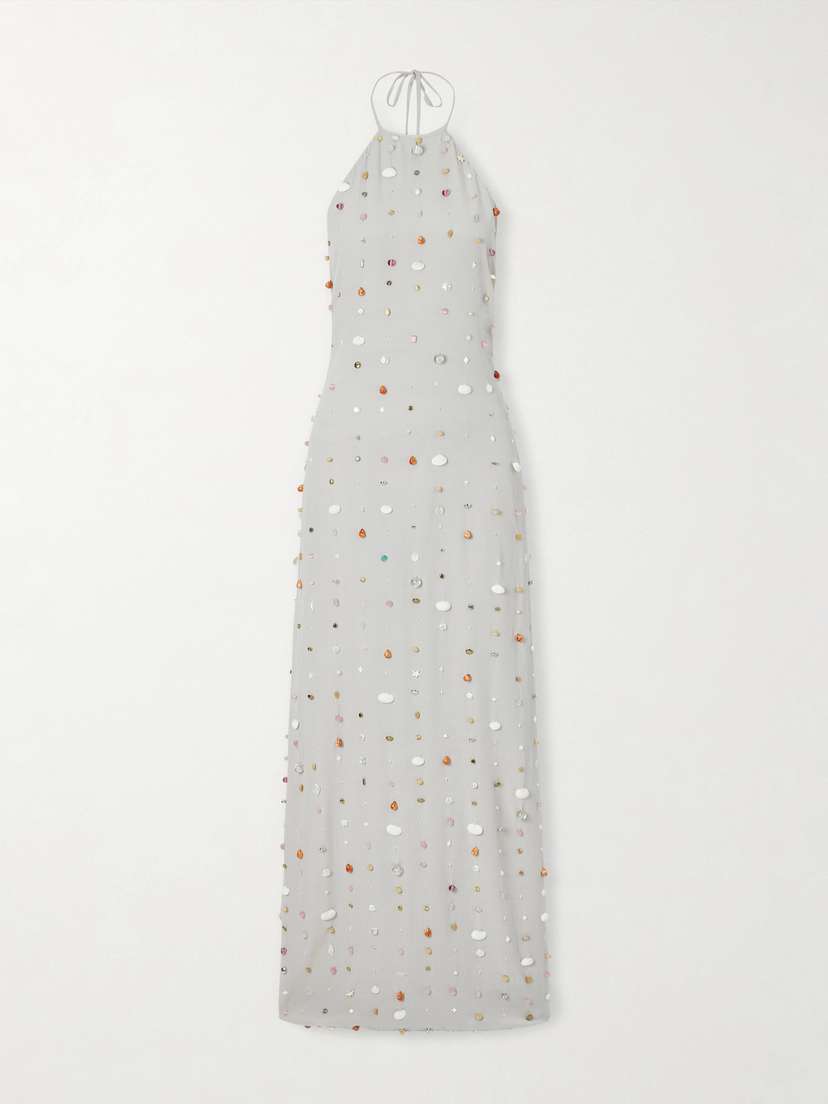 BERNADETTE Francine Pearl-embellished Crinkled-shell Halterneck Dress