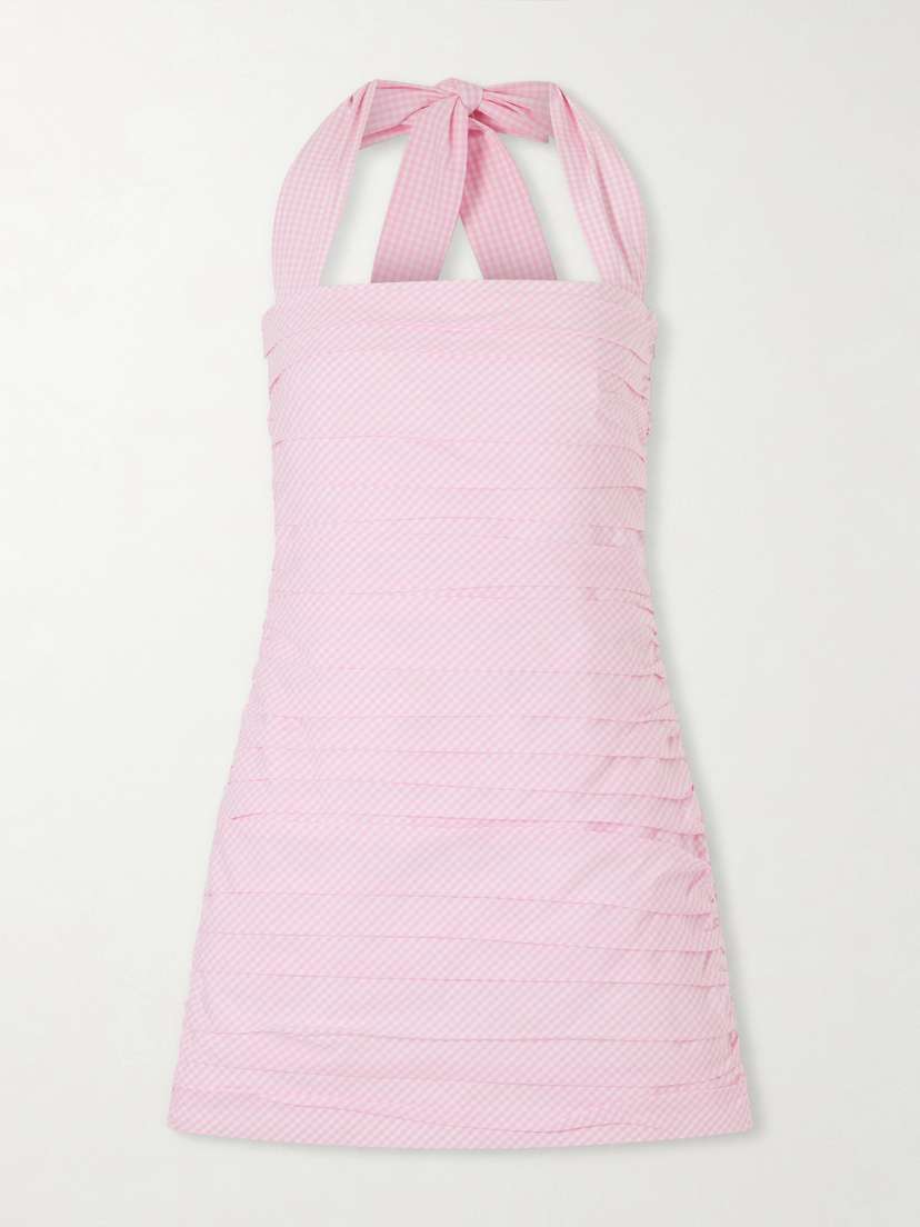 BERNADETTE Tippy Ruched Checked Cotton Halterneck Mini Dress