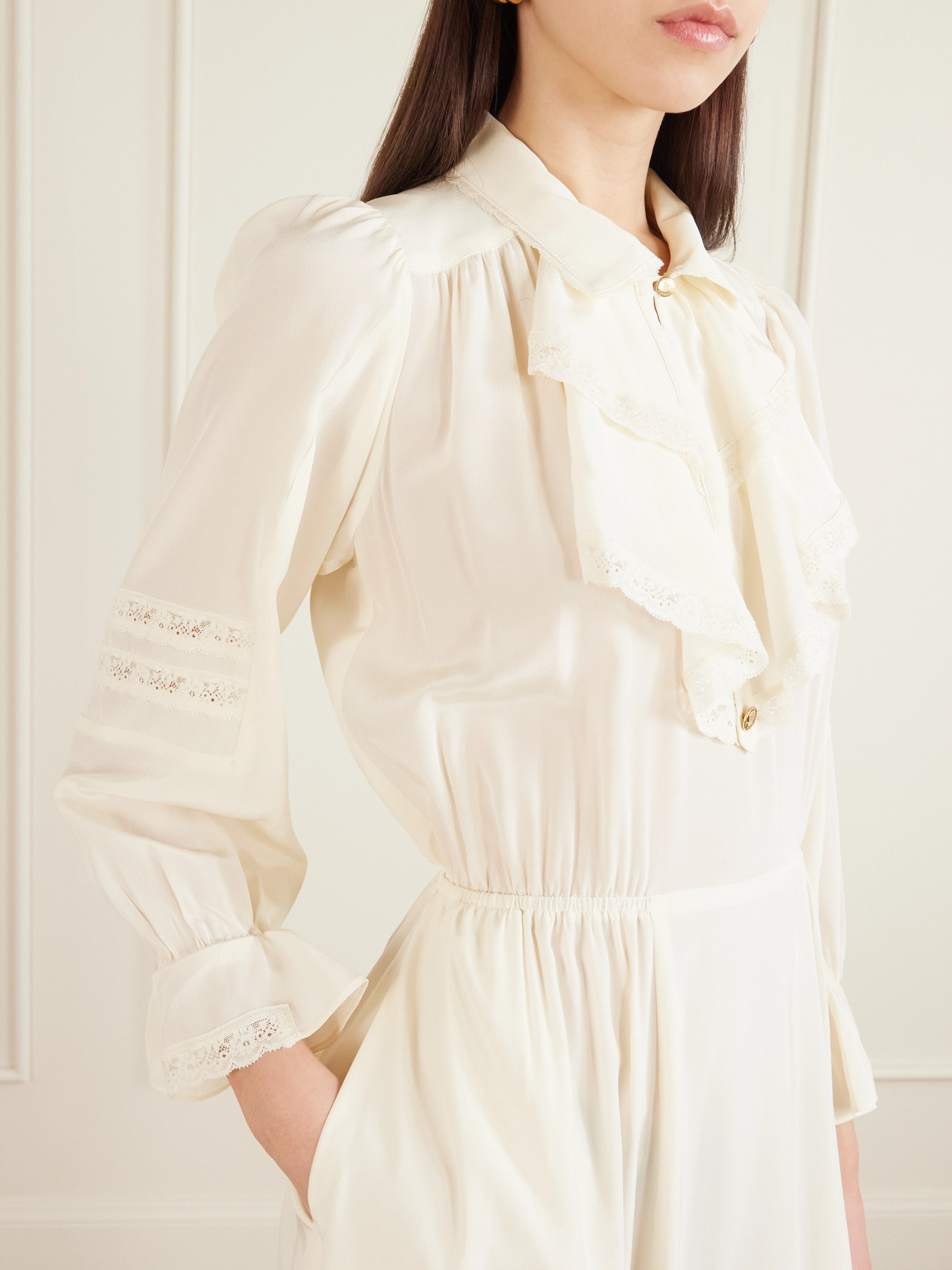 Maison Mayle Joeldi Ruffled Lace-trimmed Silk Charmeuse And Crepe De Chine Dress In White