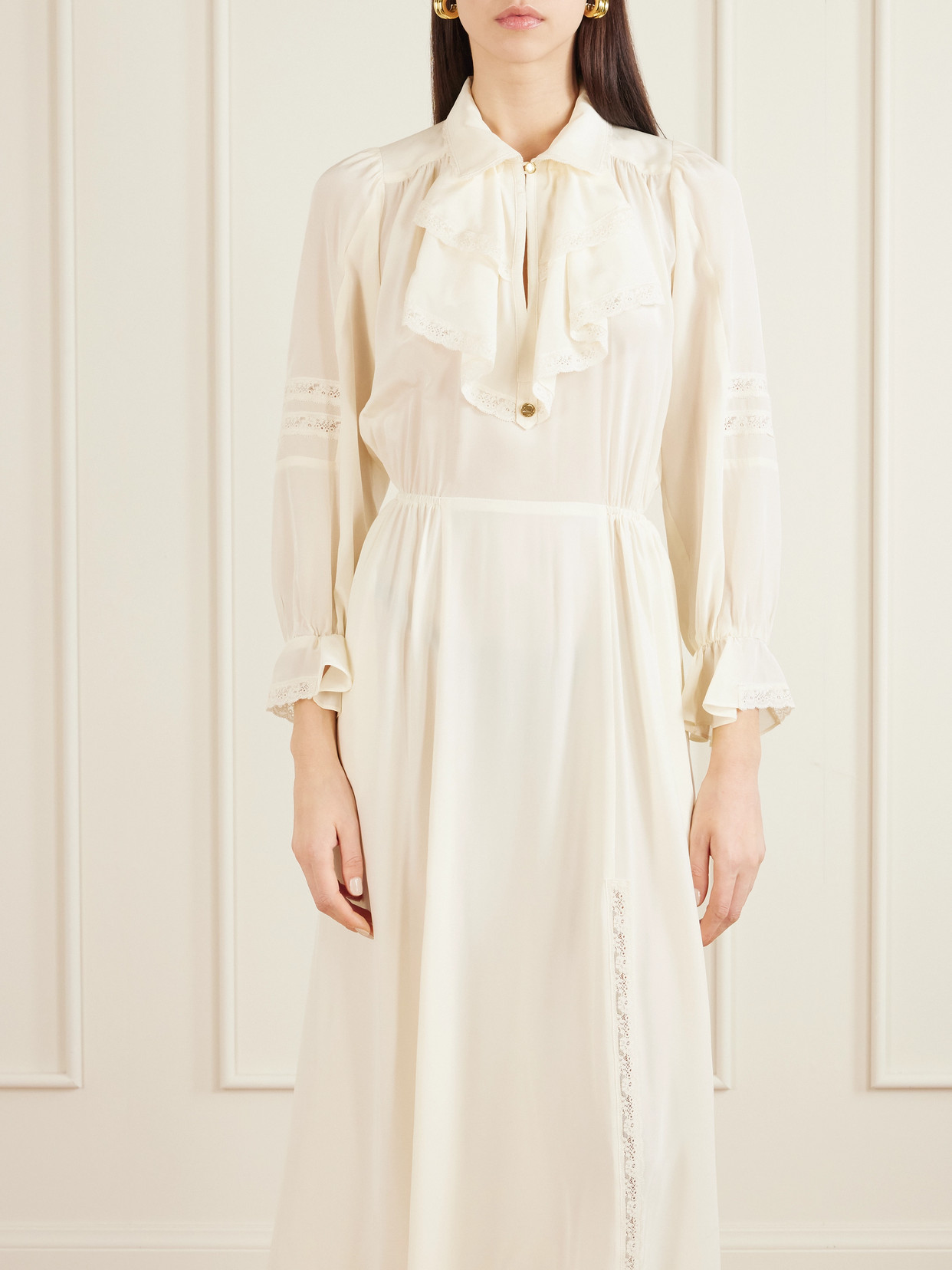 Maison Mayle Joeldi Ruffled Lace-trimmed Silk Charmeuse And Crepe De Chine Dress In White