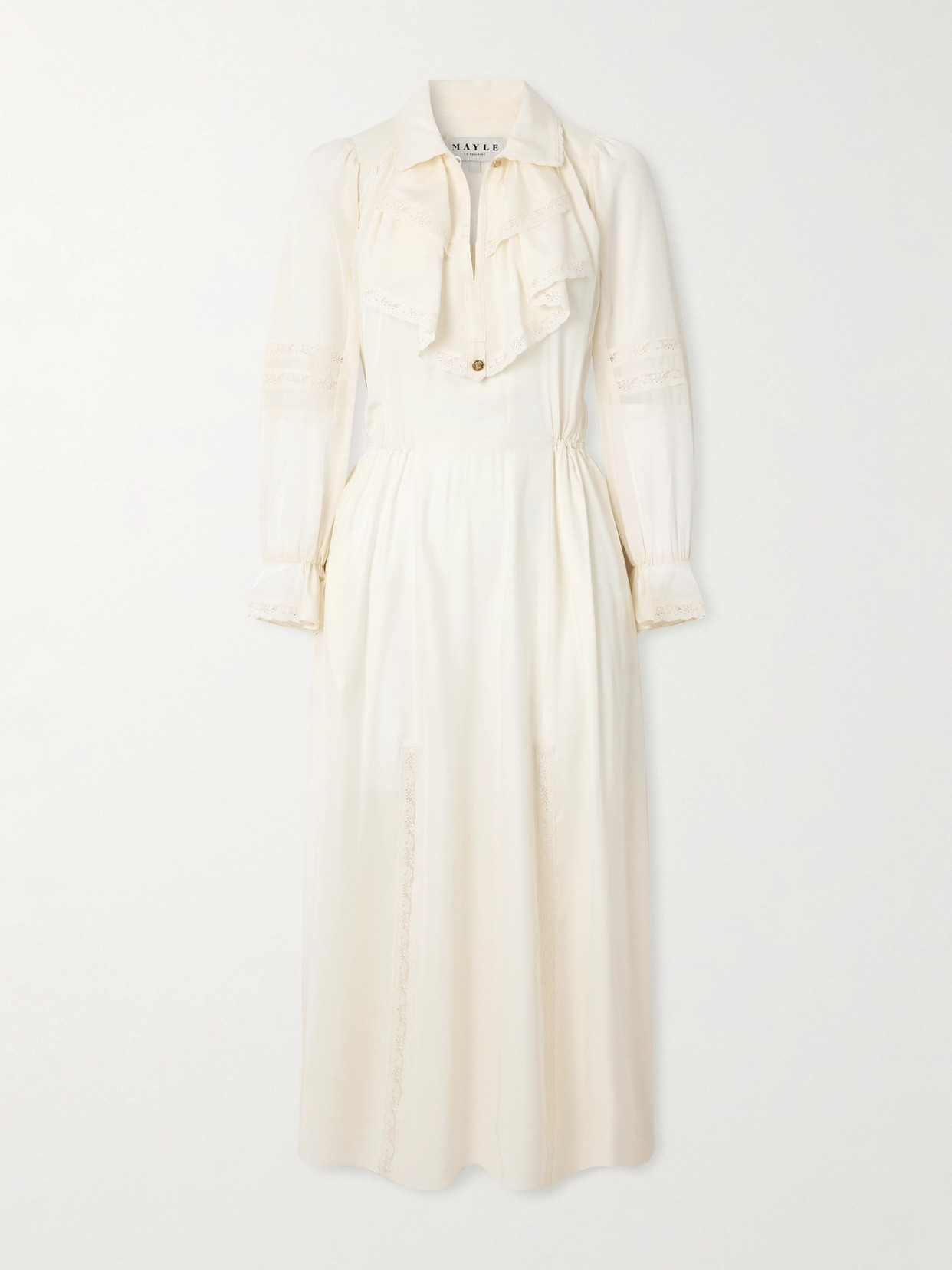 Maison Mayle Joeldi Ruffled Lace-trimmed Silk Charmeuse And Crepe De Chine Dress In White