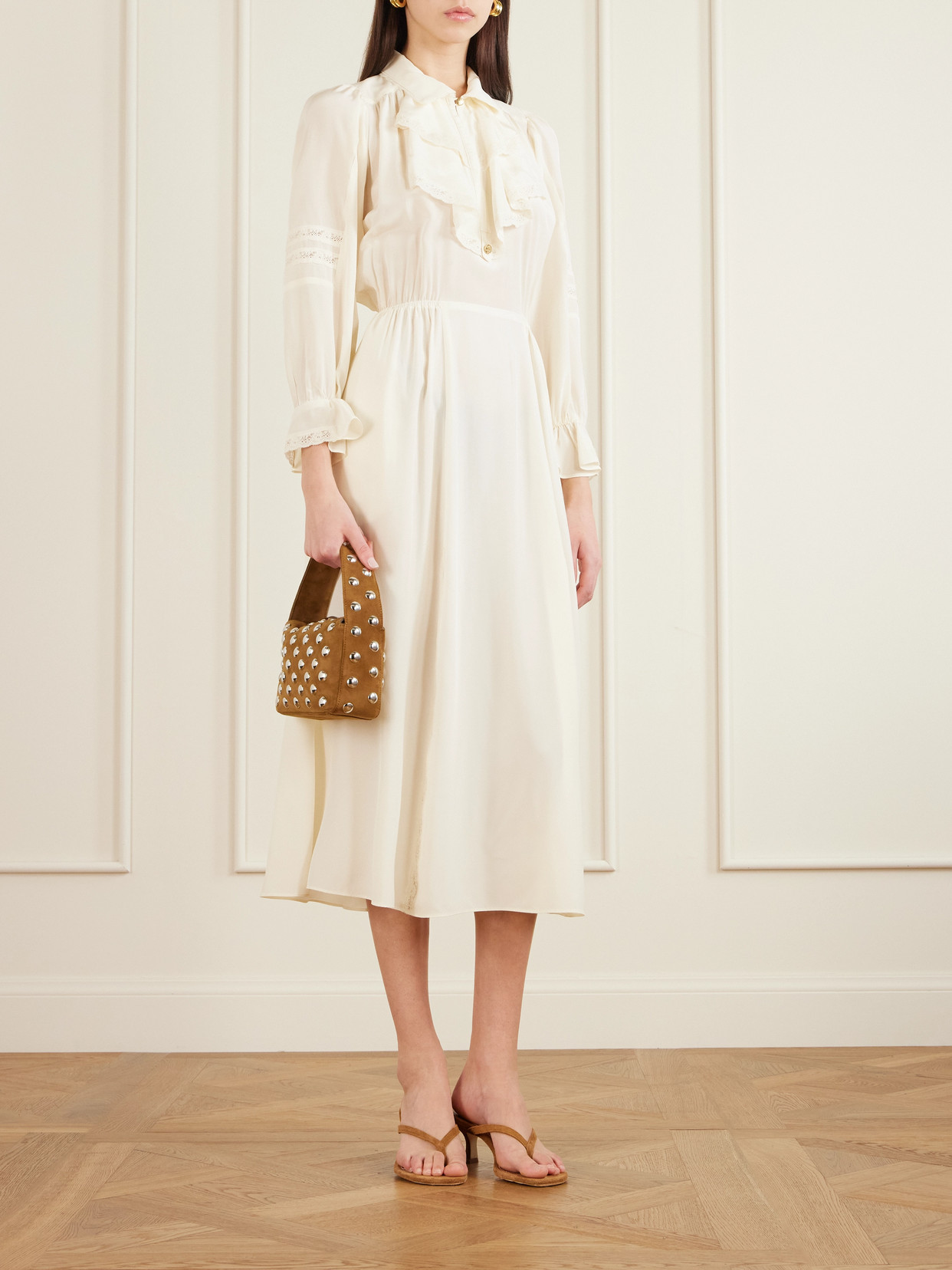 Maison Mayle Joeldi Ruffled Lace-trimmed Silk Charmeuse And Crepe De Chine Dress In White