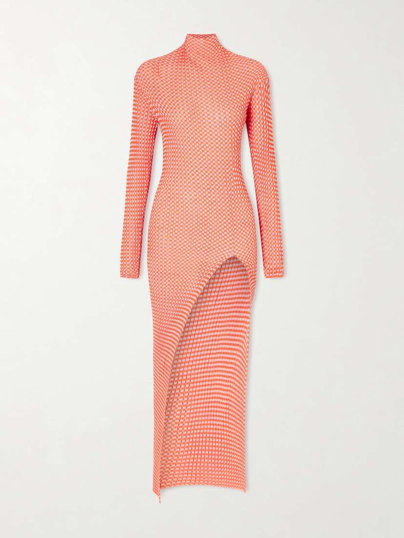 Jean Paul Gaultier Asymmetric Checked Ribbed-knit Midi Dress