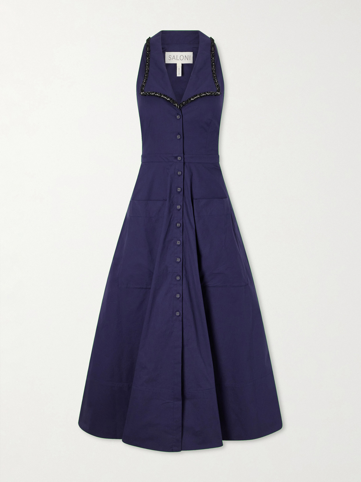 Saloni Jessica Crystal-embellished Cotton-blend Poplin Midi Dress In Blue