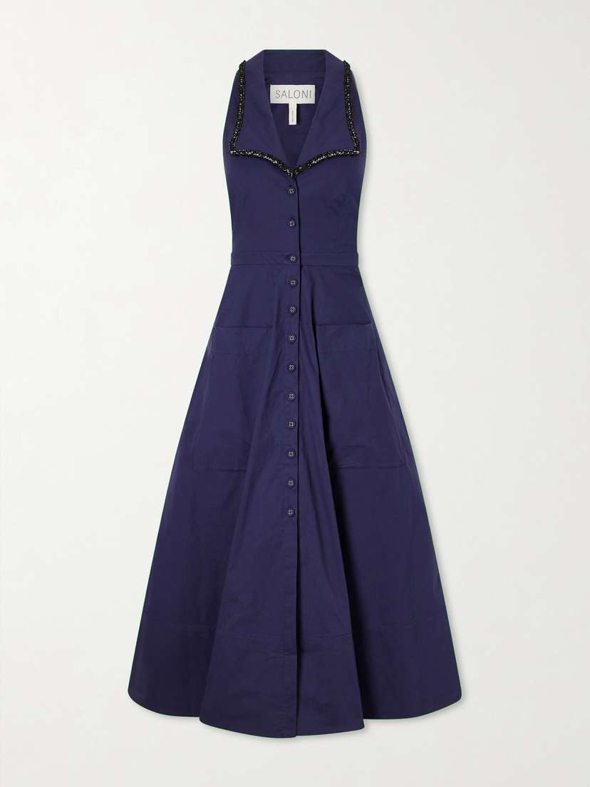 Saloni Jessica Crystal-embellished Cotton-blend Poplin Midi Dress
