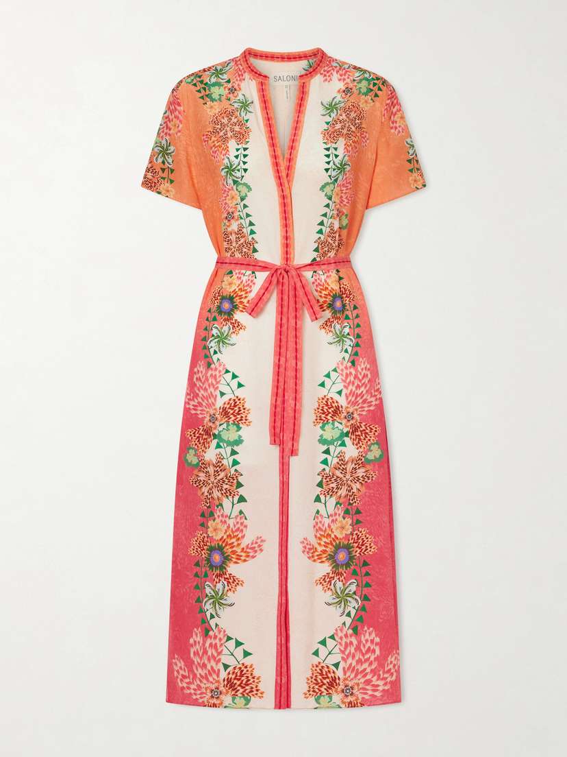 Saloni Vicki Belted Floral-print Silk Midi Dress