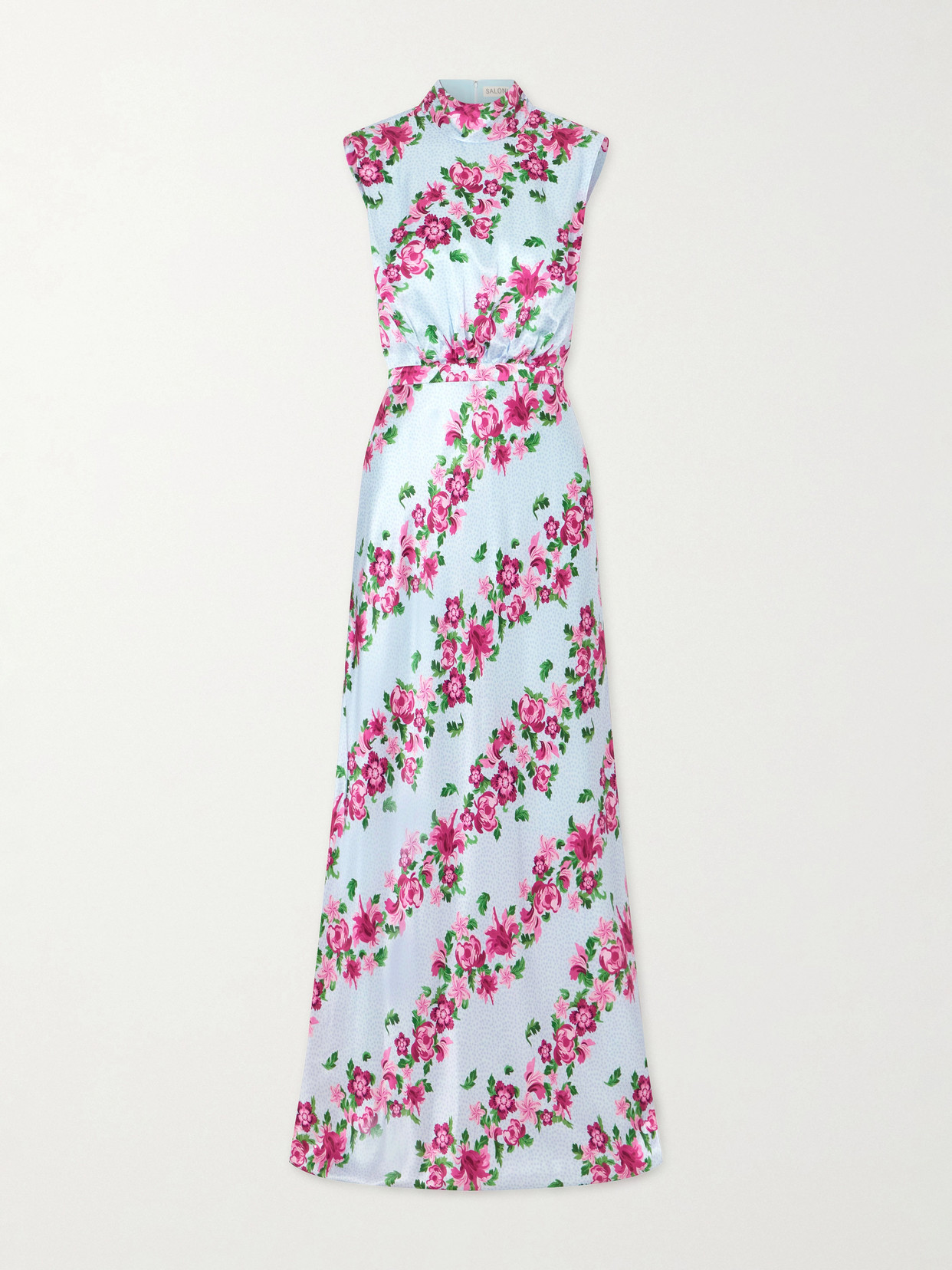 Saloni Fleur Printed Satin Halterneck Gown In Blue