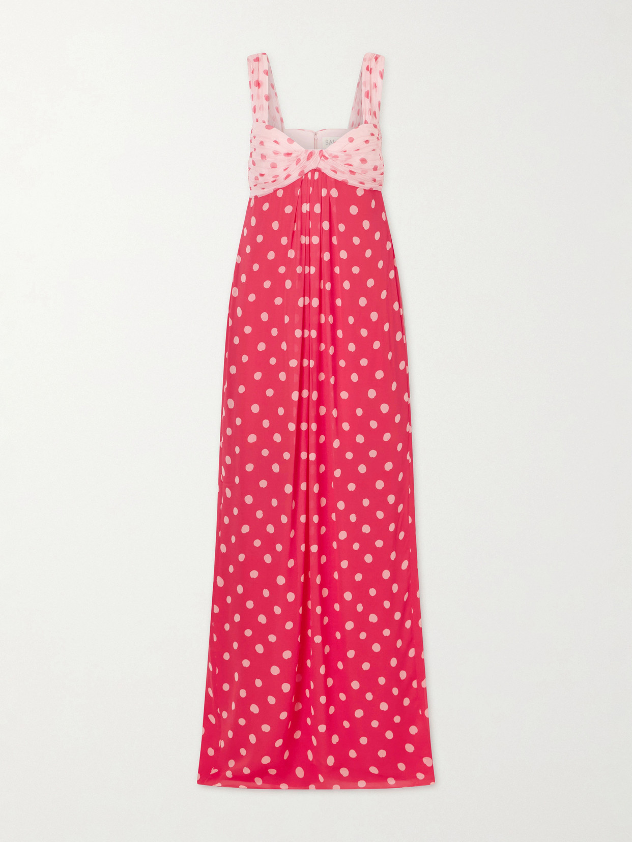 Saloni Chani Pleated Polka-dot Crepon-trimmed Silk-chiffon Midi Dress In Pink