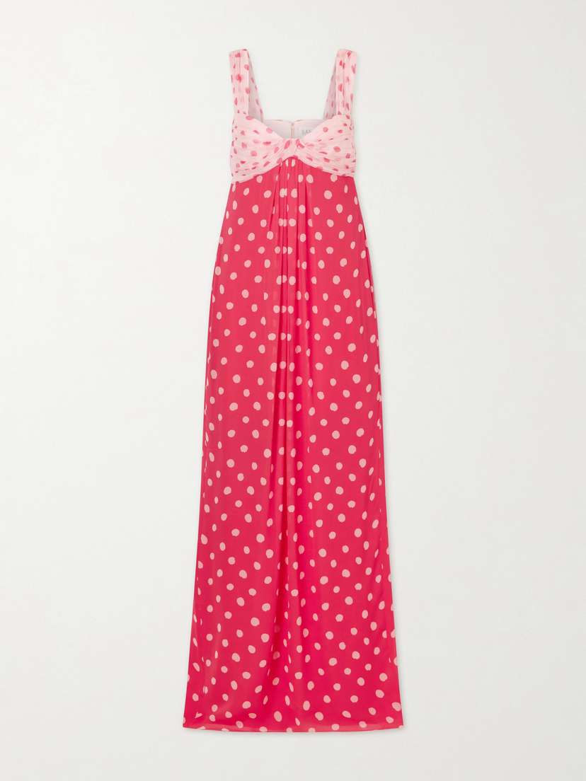 Saloni Chani Pleated Polka-dot Crepon-trimmed Silk-chiffon Midi Dress