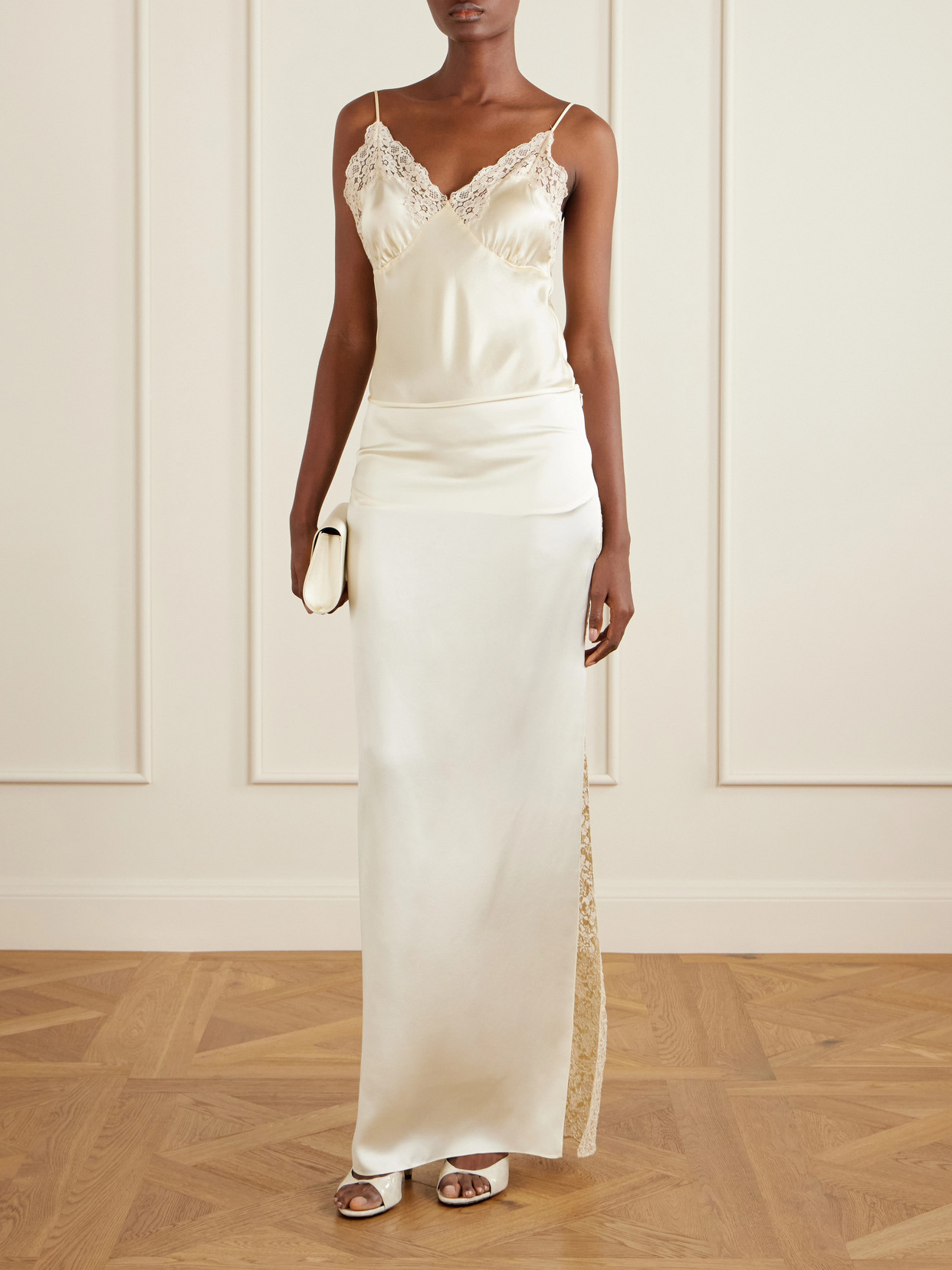 Lace-Trimmed Silk-Satin Maxi