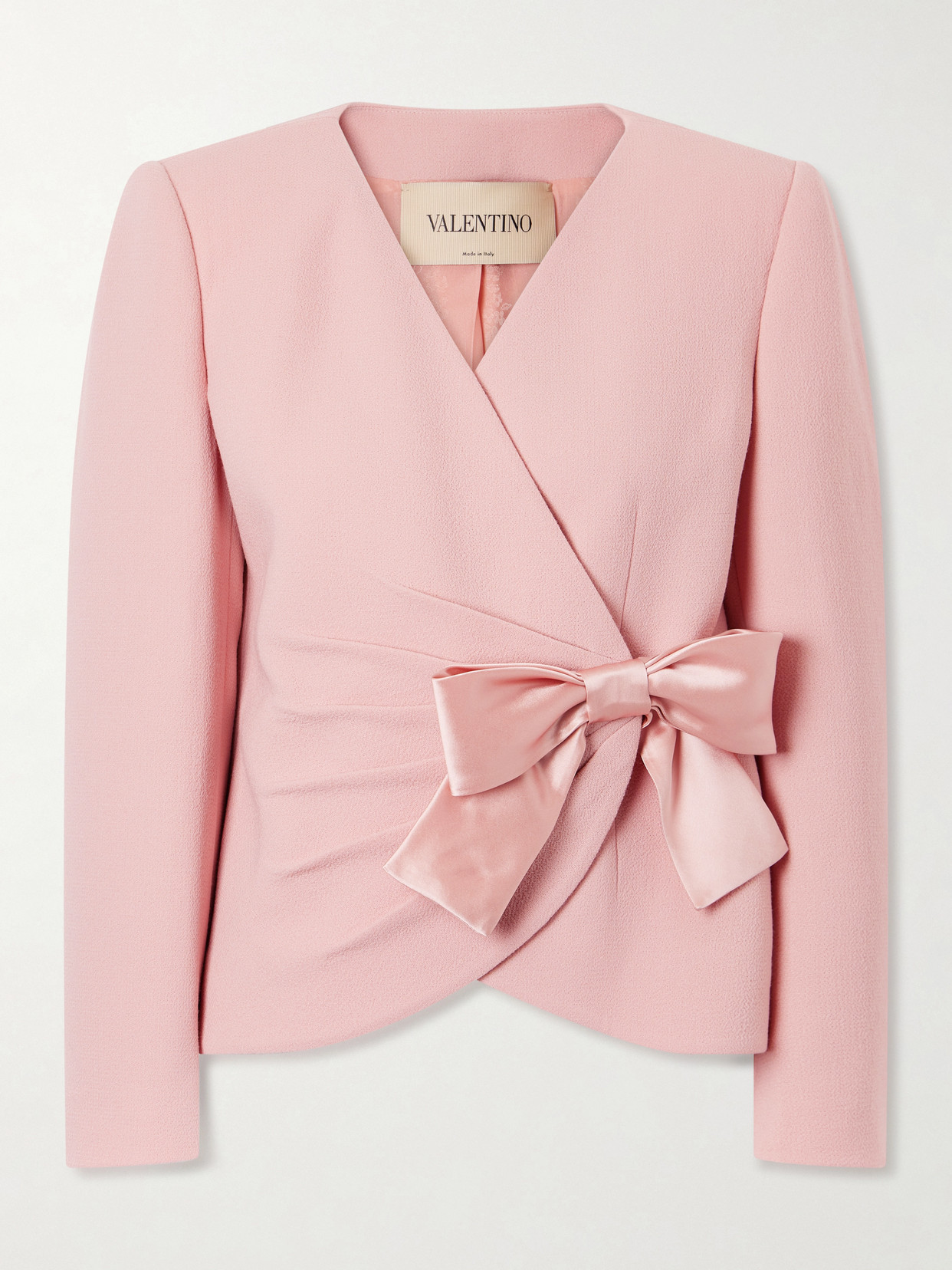 Valentino Bow-detailed Satin-trimmed Gathered Wool-crepe Jacket In Pink