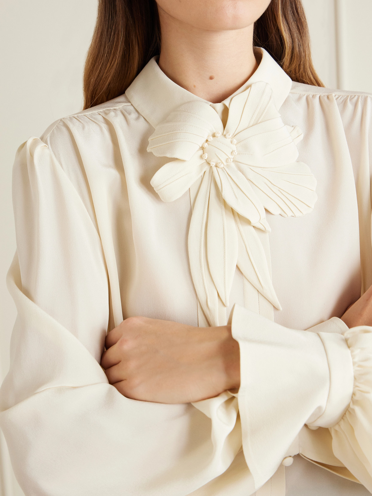 Garavani - Bow-Embellished Silk-Crepe De Chine Blouse
