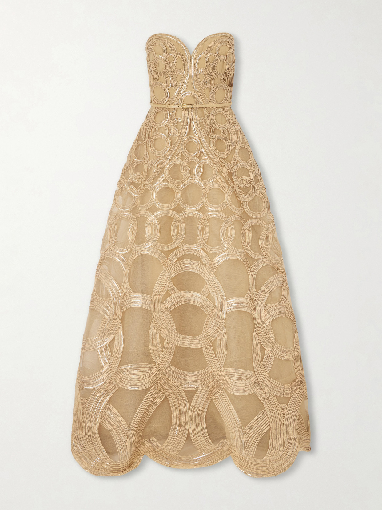 Elie Saab Strapless Sequin-embellished Raffia-trimmed Tulle Midi Dress In Multi
