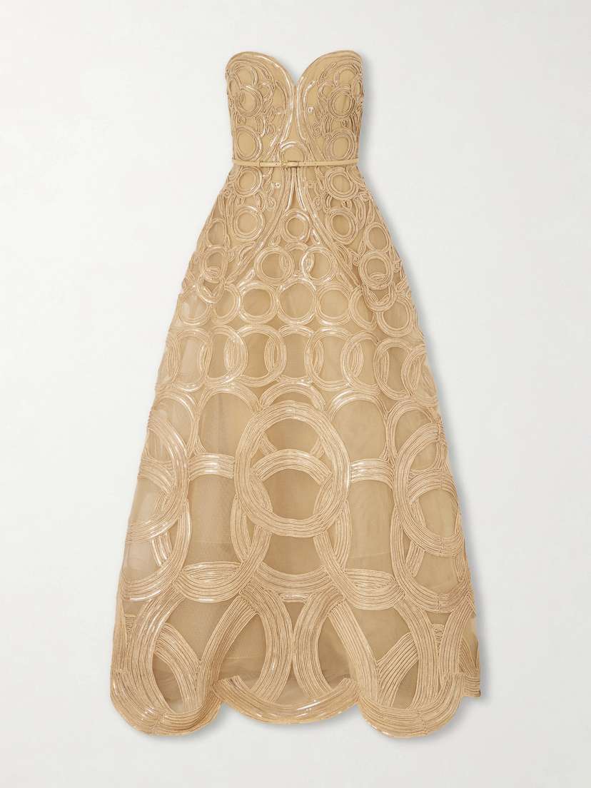Elie Saab Strapless Sequin-embellished Raffia-trimmed Tulle Midi Dress