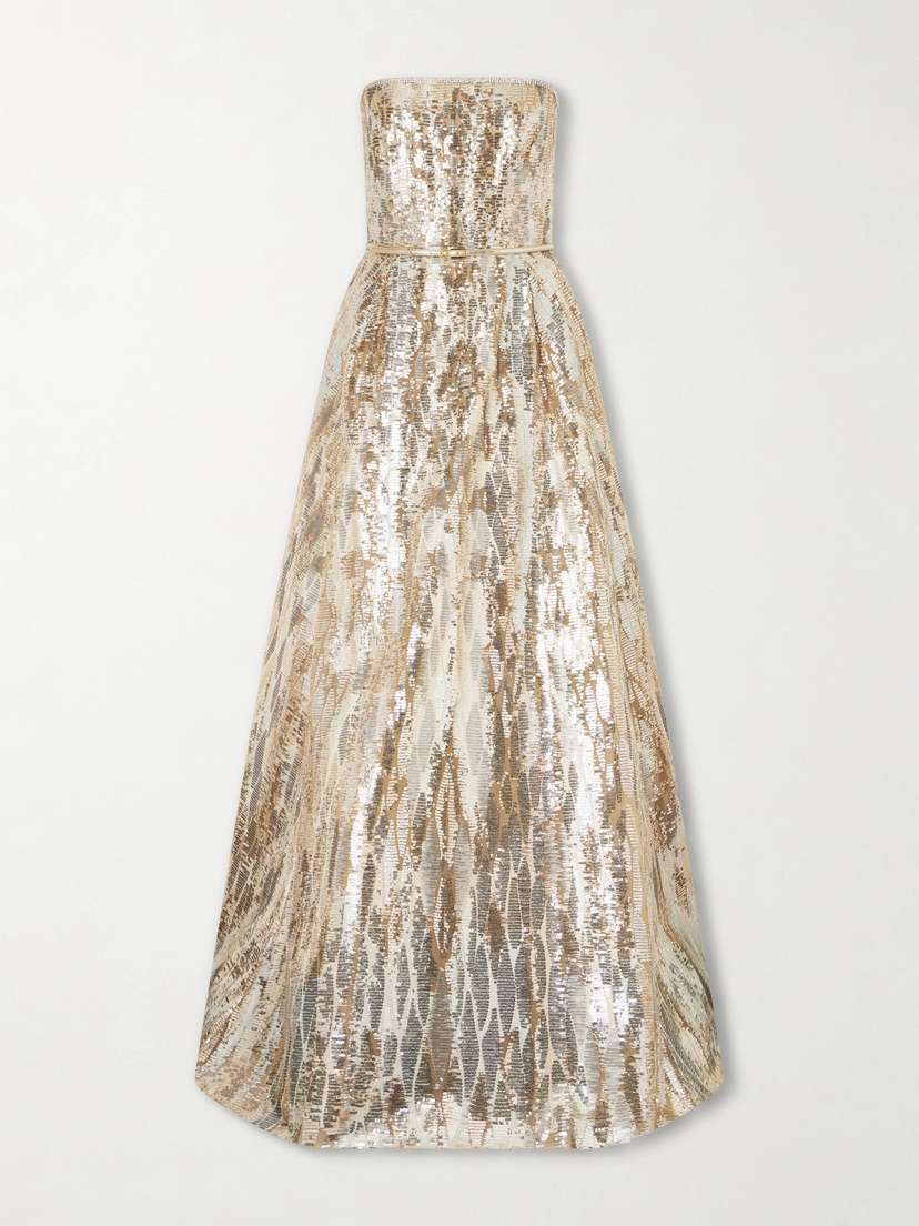 Elie Saab Strapless Belted Sequin-embellished Tulle Gown