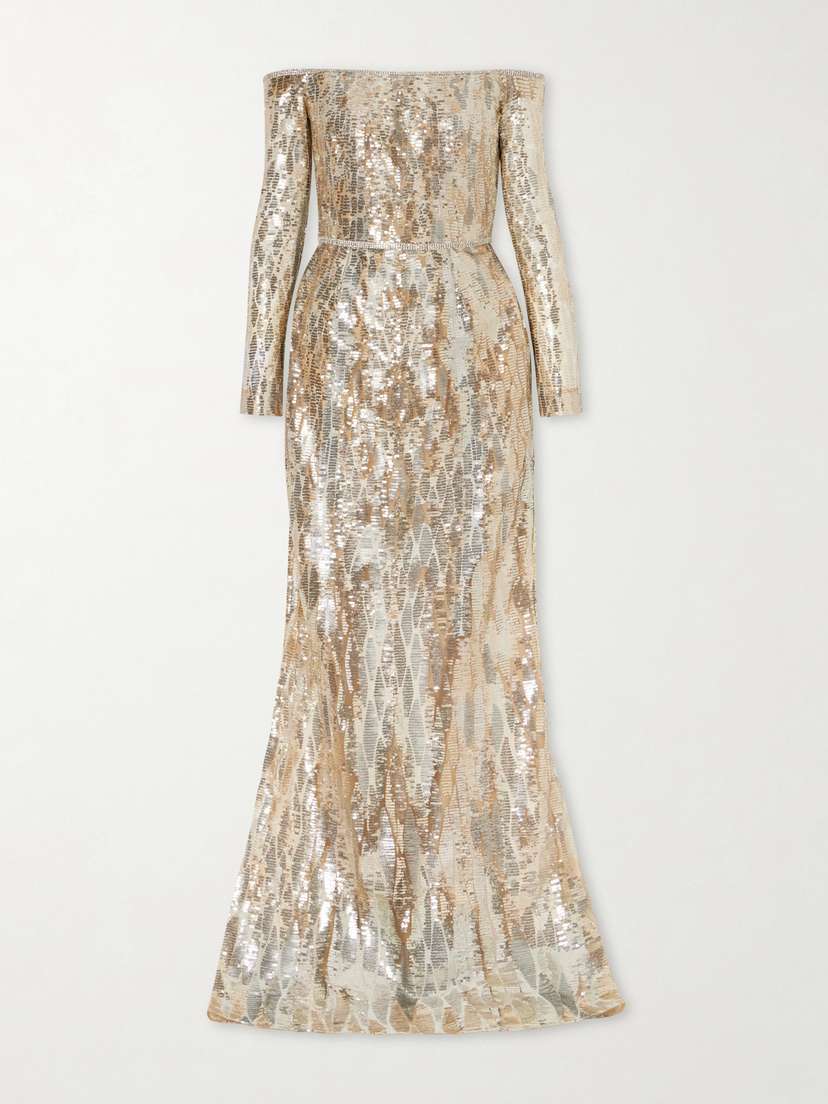 Elie Saab Off-the-shoulder Sequined Silk-blend Gown