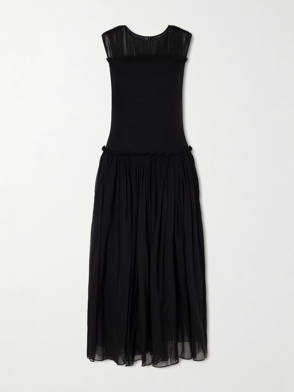 Abadia Plissé Chiffon-trimmed Silk-satin Midi Dress In Black