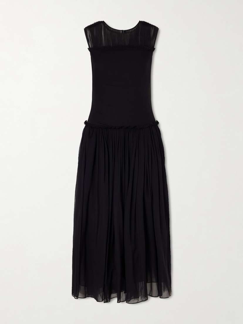 Abadia Plissé Chiffon-trimmed Silk-satin Midi Dress