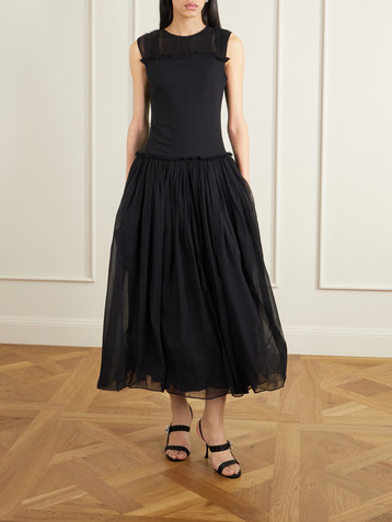 Abadia Plissé chiffon-trimmed silk-satin midi dress