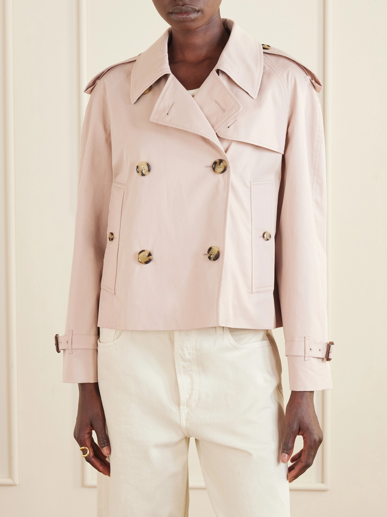 Haltye Double-Breasted Belted Cotton-Gabardine Cropped Trench Jacket