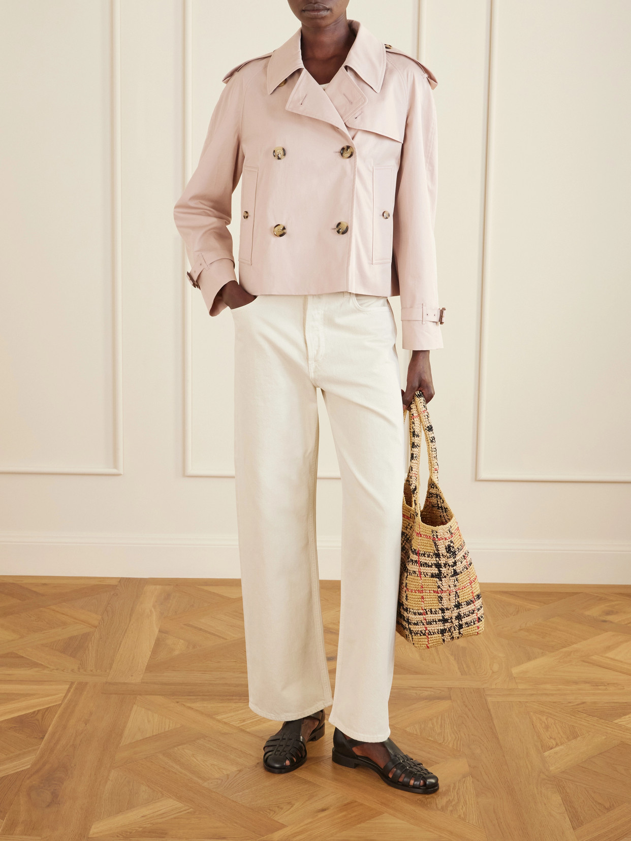 Haltye Double-Breasted Belted Cotton-Gabardine Cropped Trench Jacket
