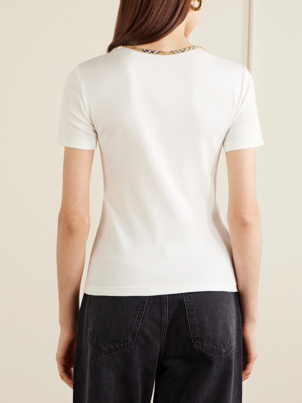 Burberry Stephanie Tartan-trimmed Stretch-cotton Jersey T-shirt In Pink