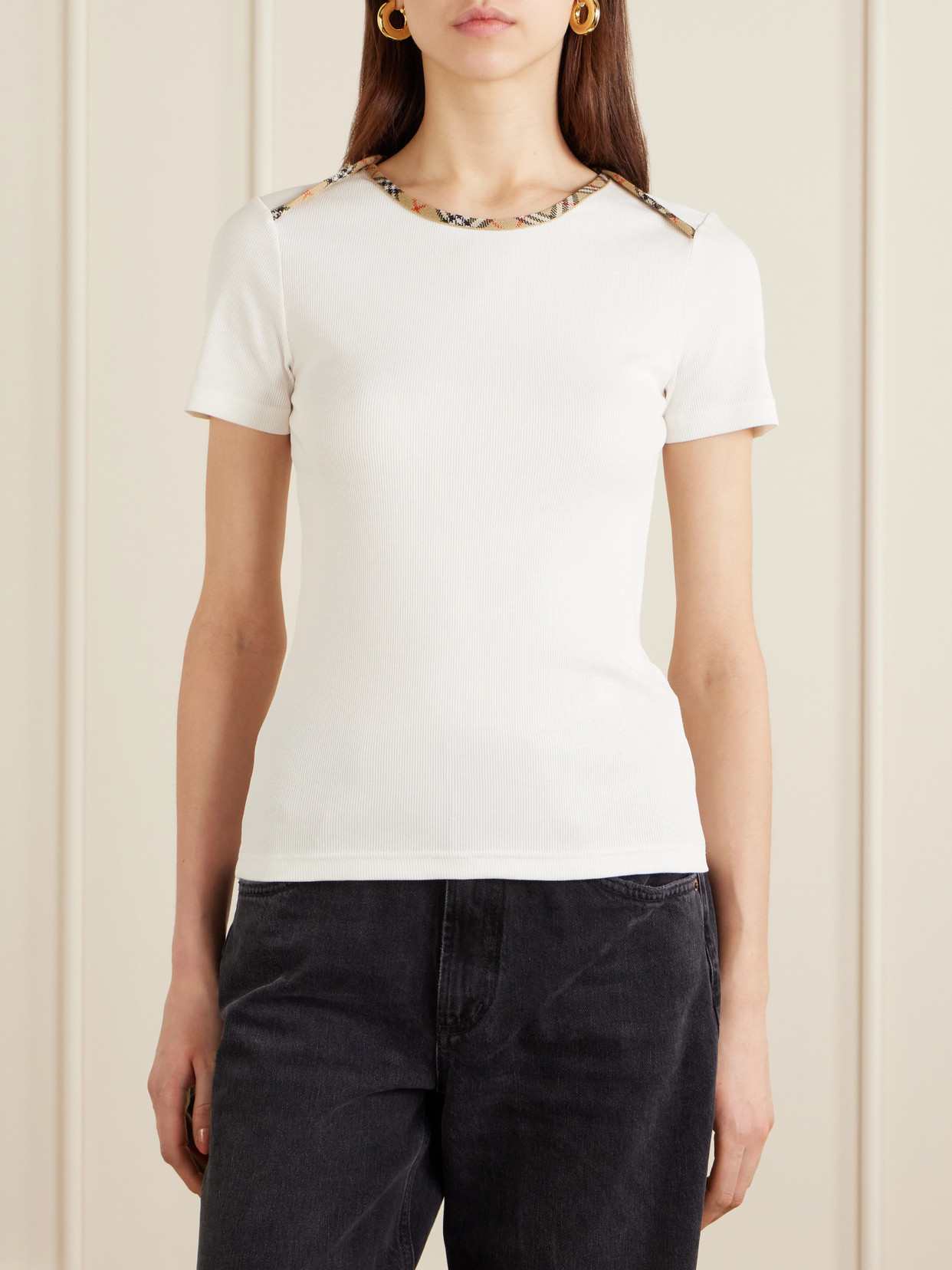 Burberry Stephanie Tartan-trimmed Stretch-cotton Jersey T-shirt In Pink