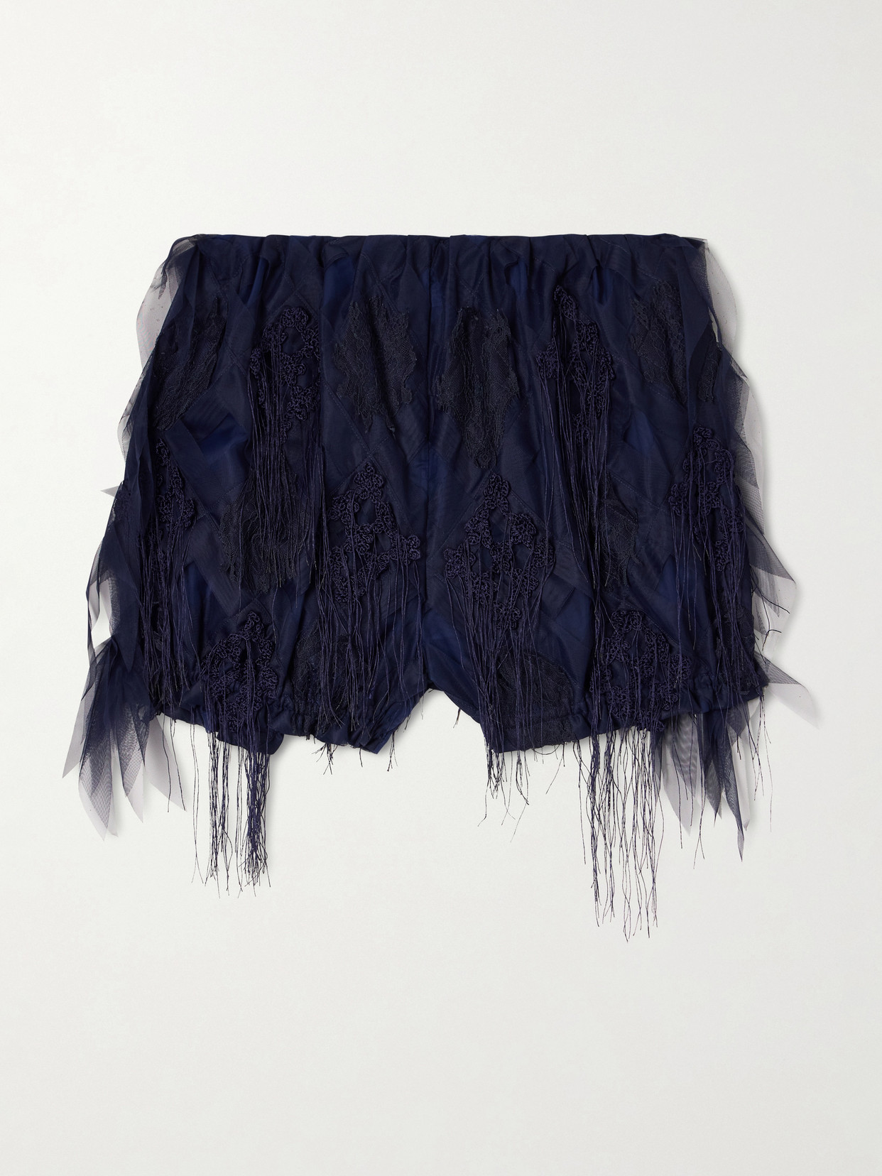 Pauline Dujancourt Argyle Fringed Lace And Crochet-trimmed Tulle Shorts In Blue