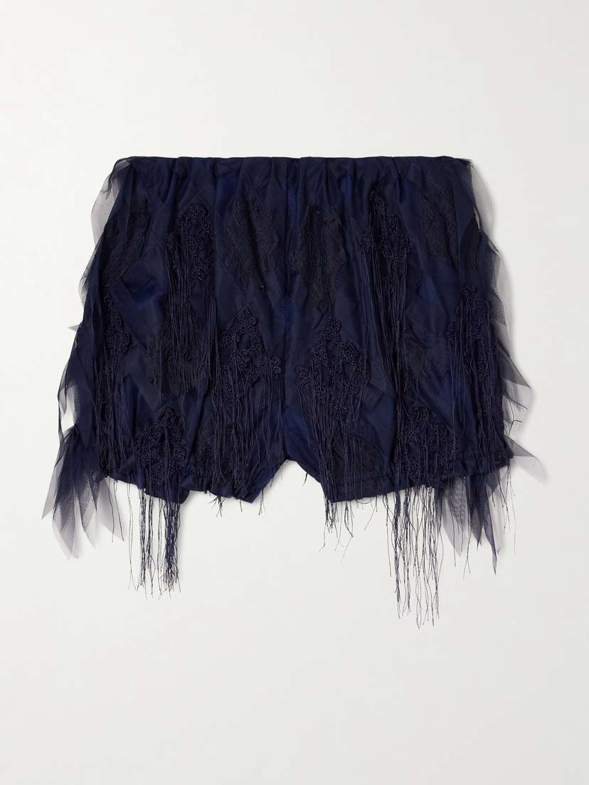 Pauline Dujancourt Argyle Fringed Lace And Crochet-trimmed Tulle Shorts