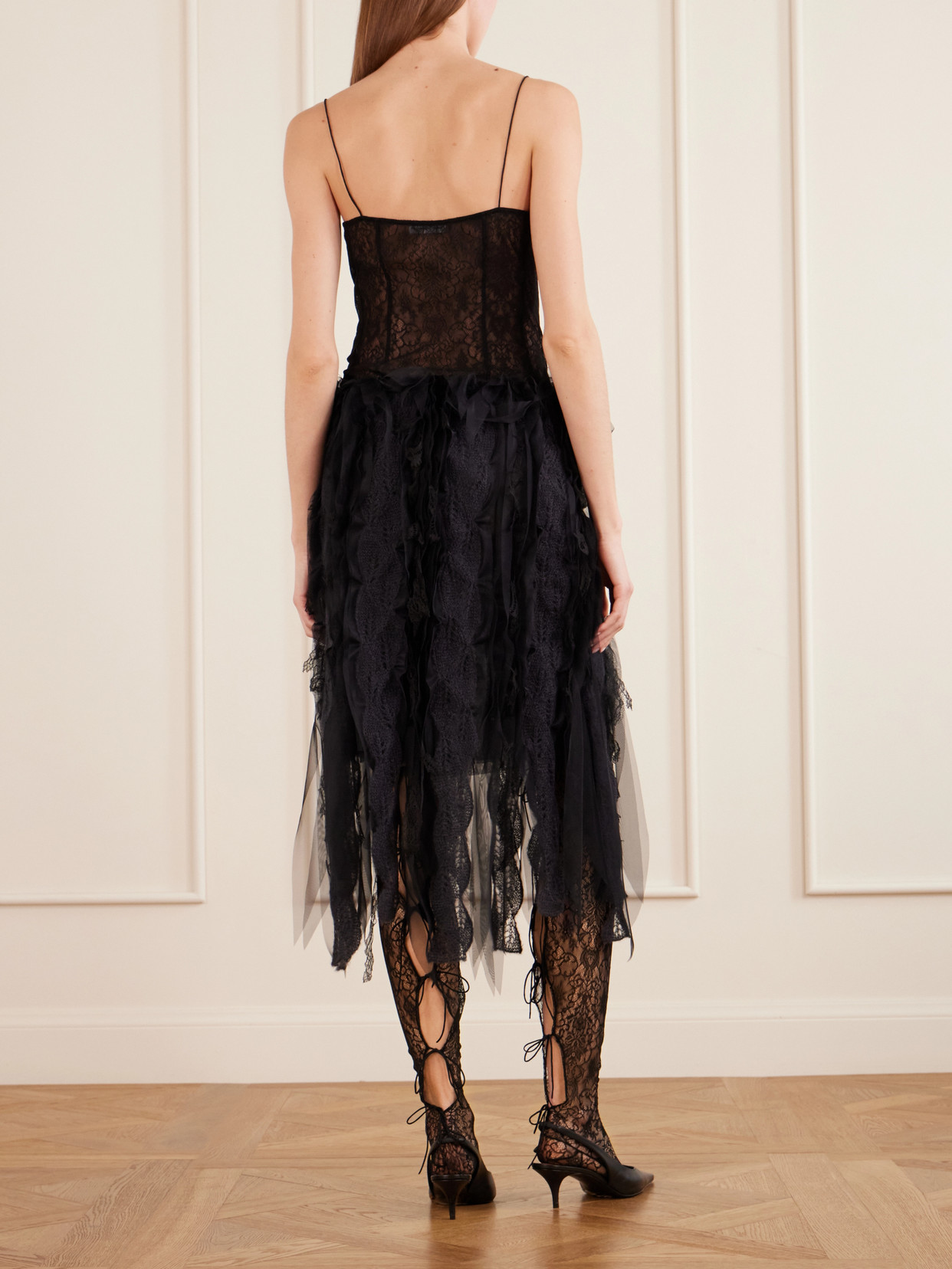 Tulle-Trimmed Brushed-Knit Midi
