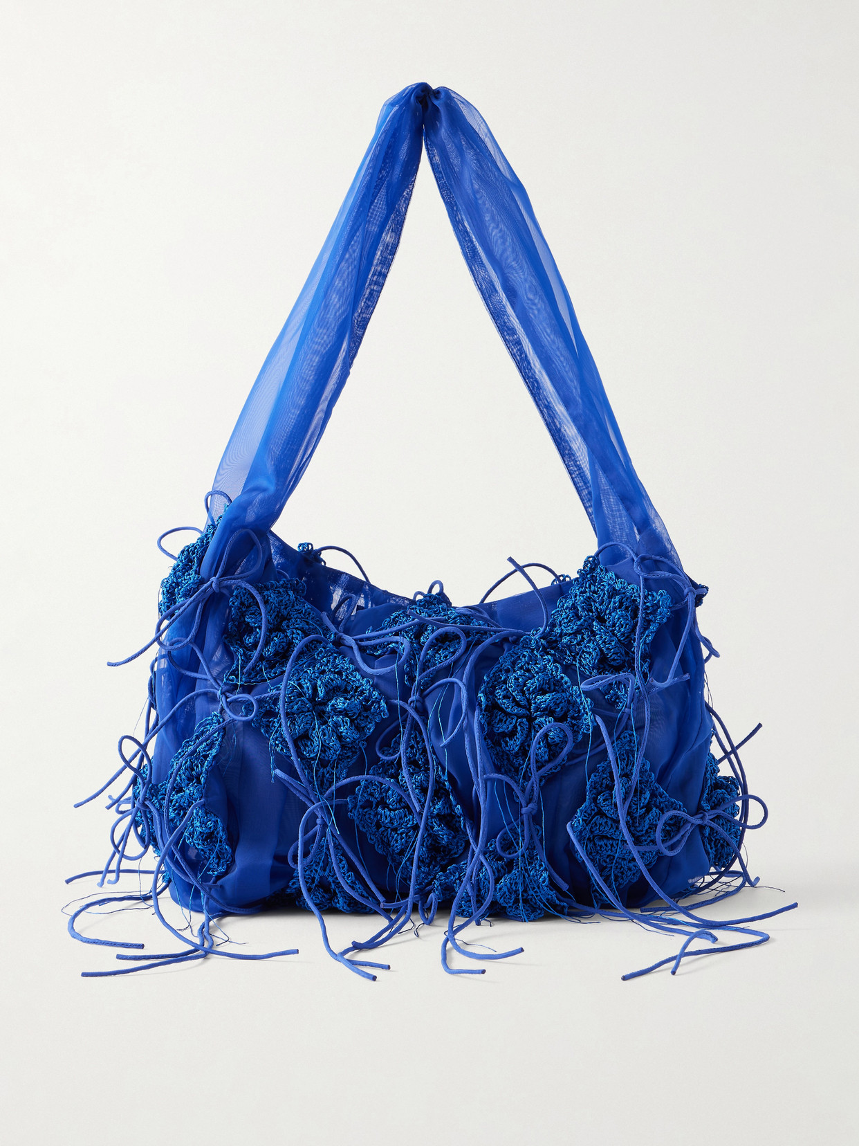 Pauline Dujancourt Fringed Crochet And Lace-trimmed Organza Shoulder Bag In Blue
