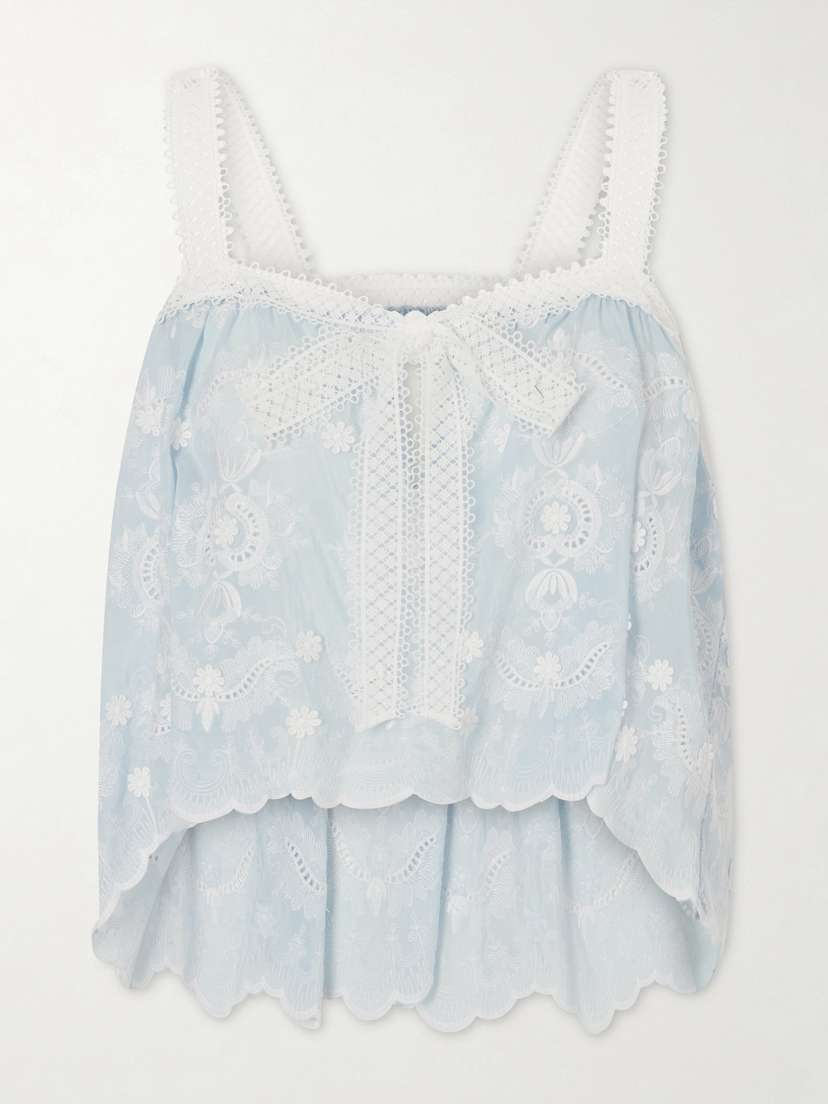 Miguelina Kaila Cropped Asymmetric Bow-detailed Embroidered Silk-blend Voile Top - Women's Clothing