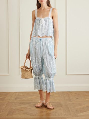 Miguelina Kaila cropped asymmetric bow-detailed embroidered silk-blend voile top