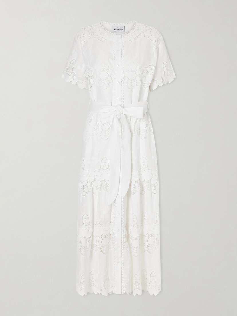 Miguelina Romilly Belted Embroidered Cotton And Linen-blend Midi Dress
